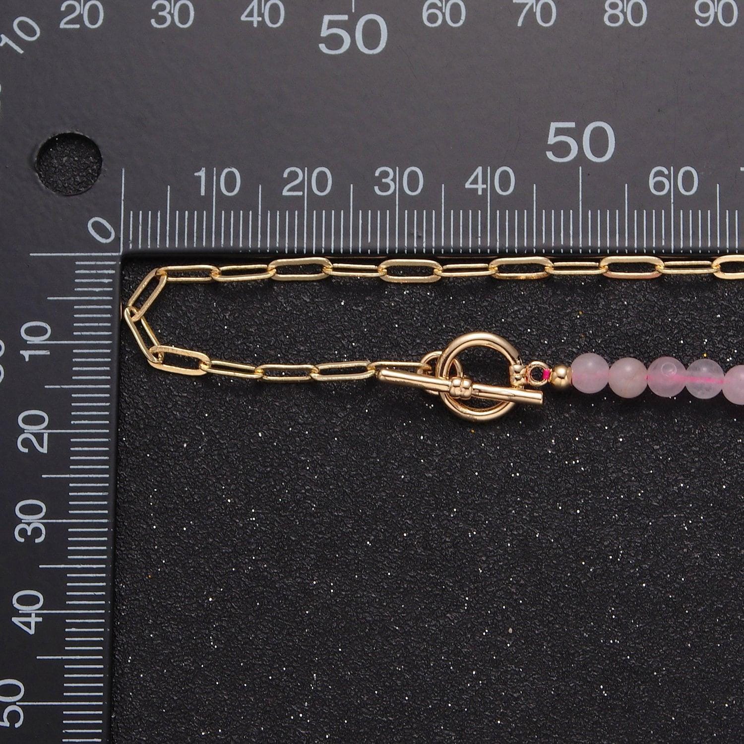 Dainty half bead half link chain necklace, 24k gold filled paperclip chain with pink quartz necklace wa-968