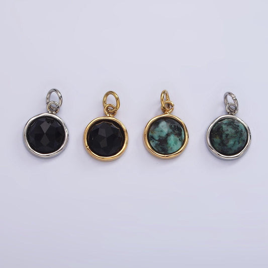 Stainless steel onyx, zoisite multifaceted glossed gem bezel round charm in gold & silver | p1316-p1317