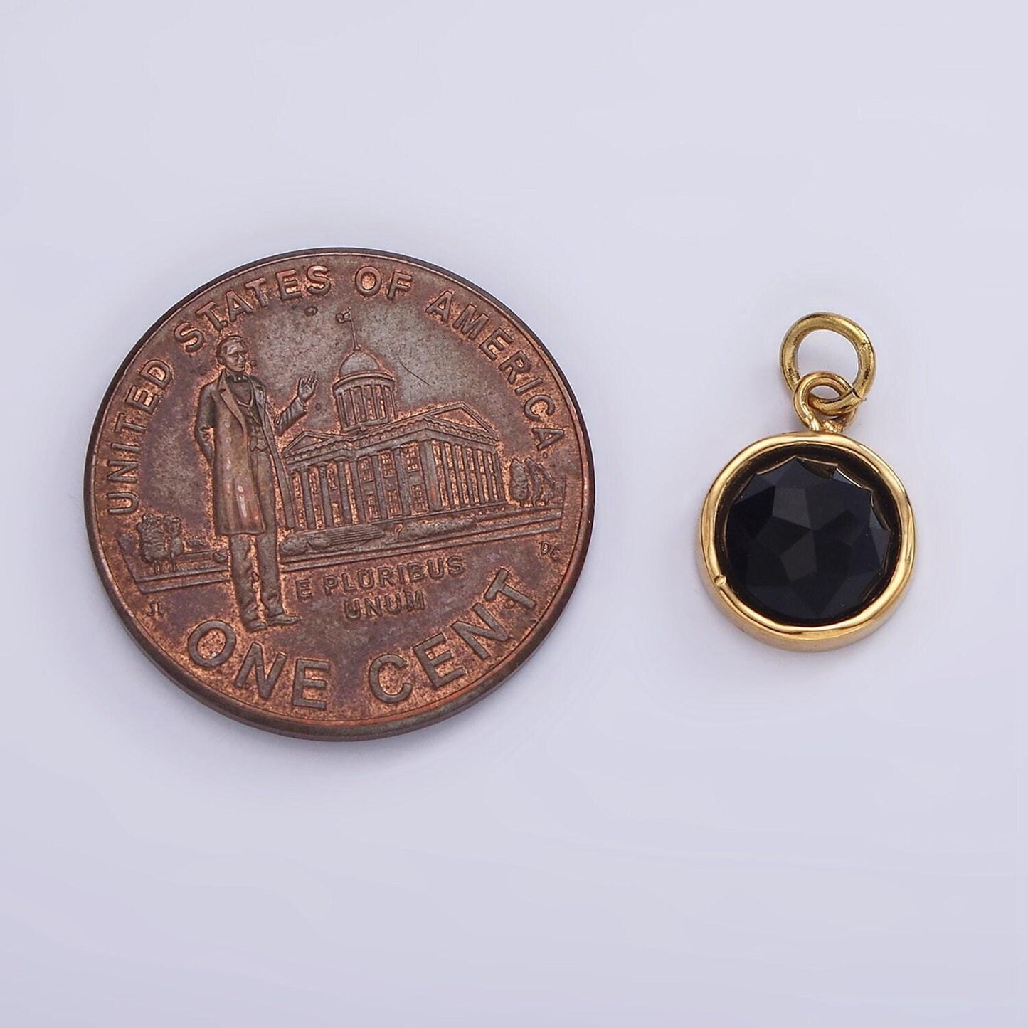 Stainless steel onyx, zoisite multifaceted glossed gem bezel round charm in gold & silver | p1316-p1317