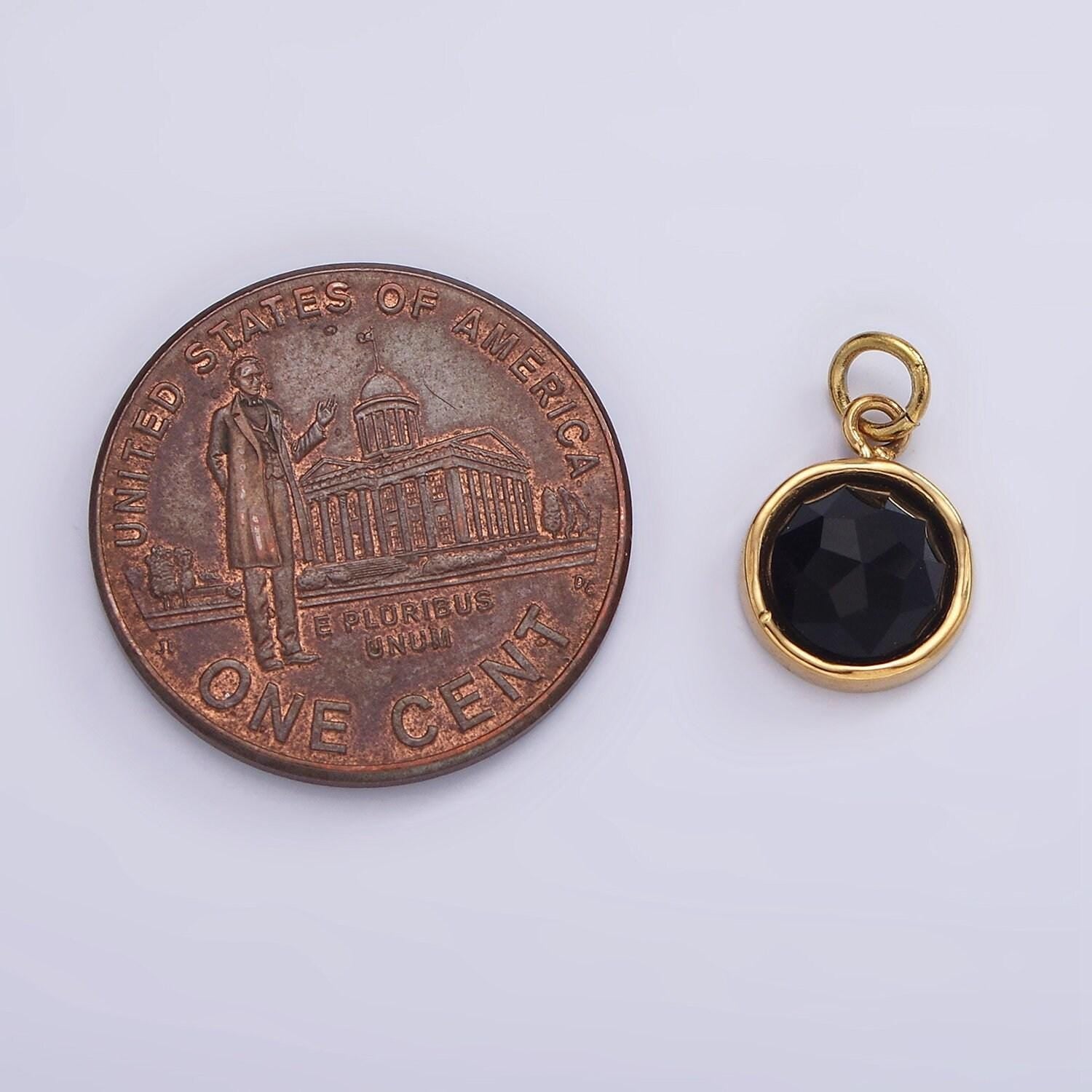 Stainless steel onyx, zoisite multifaceted glossed gem bezel round charm in gold & silver | p1316-p1317
