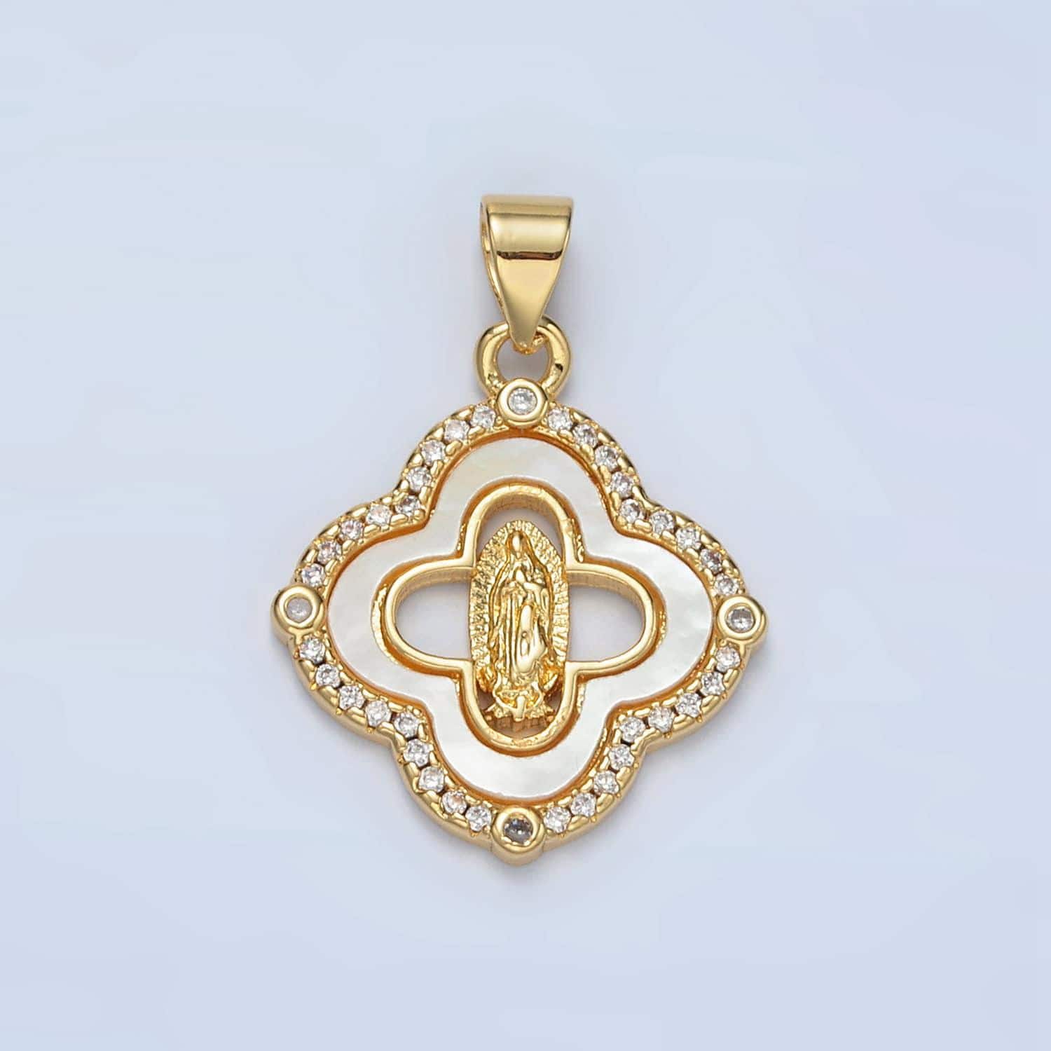 Dainty mother of pearl clover charm with lady guadalupe pendant for religious bracelet necklace jewelry making virgin mary i058