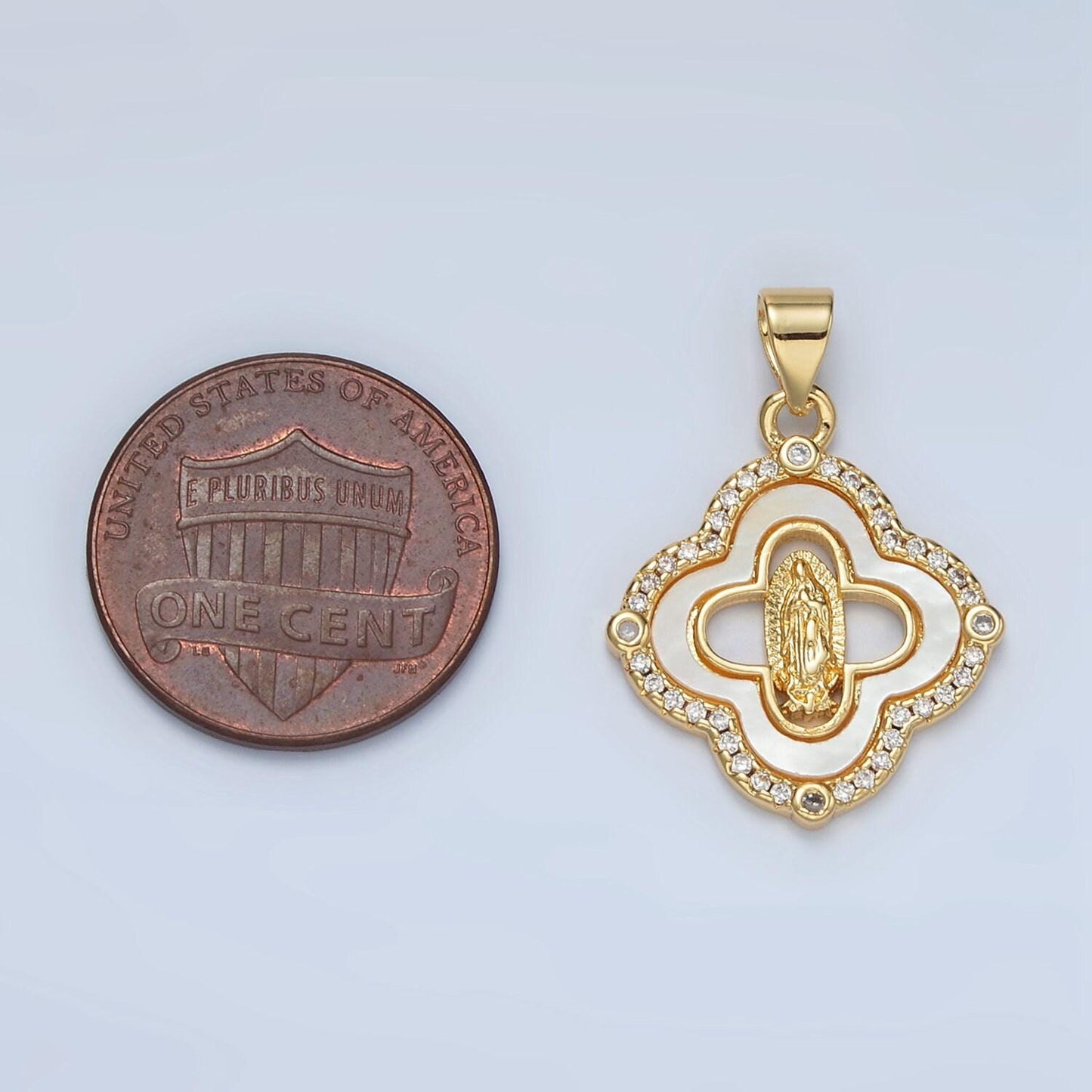 Dainty mother of pearl clover charm with lady guadalupe pendant for religious bracelet necklace jewelry making virgin mary i058