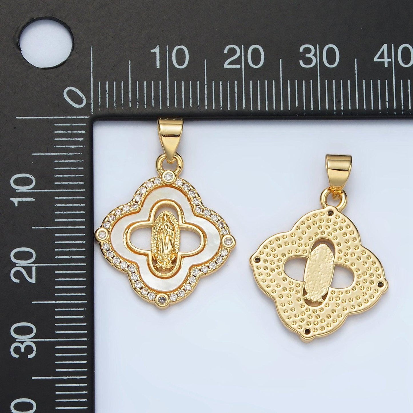 Dainty mother of pearl clover charm with lady guadalupe pendant for religious bracelet necklace jewelry making virgin mary i058