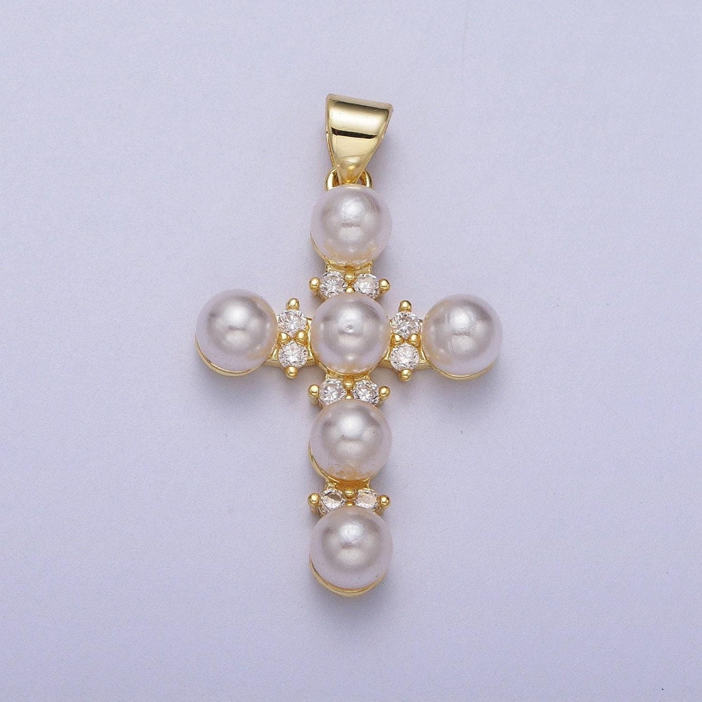 Dainty cross micro paved cz round white pearl religious cross gold pendant for religious jewelry making supply | i275