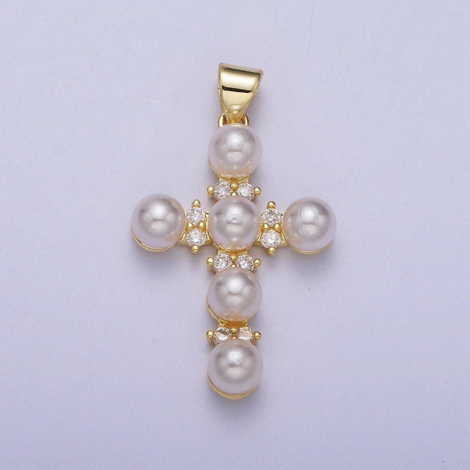 Dainty cross micro paved cz round white pearl religious cross gold pendant for religious jewelry making supply | i275