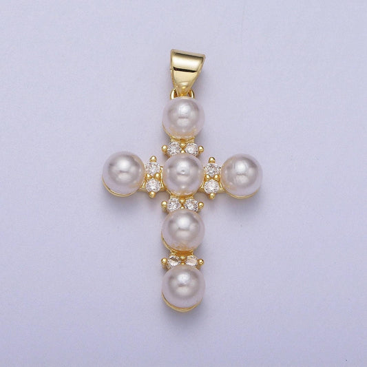 Dainty cross micro paved cz round white pearl religious cross gold pendant for religious jewelry making supply | i275