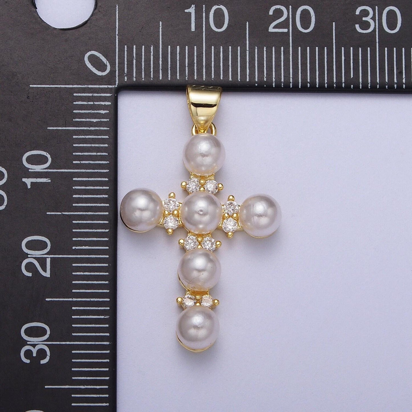 Dainty cross micro paved cz round white pearl religious cross gold pendant for religious jewelry making supply | i275