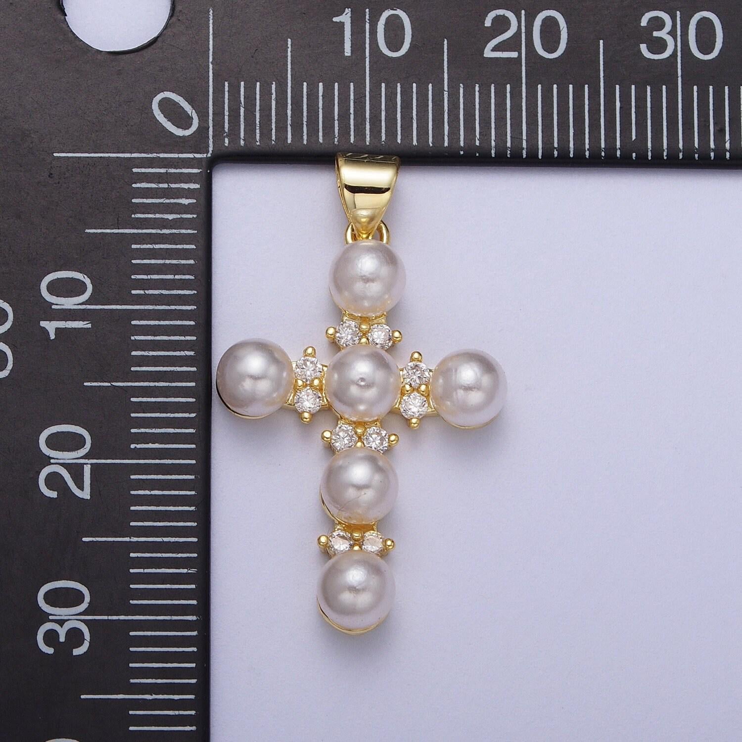 Dainty cross micro paved cz round white pearl religious cross gold pendant for religious jewelry making supply | i275