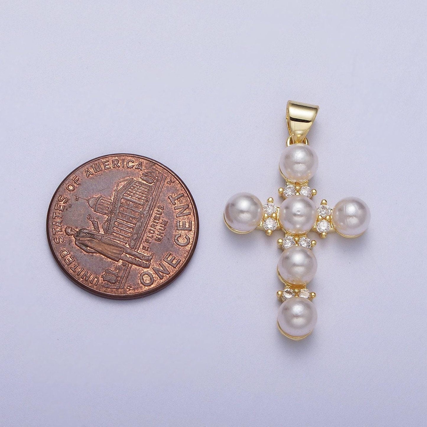 Dainty cross micro paved cz round white pearl religious cross gold pendant for religious jewelry making supply | i275