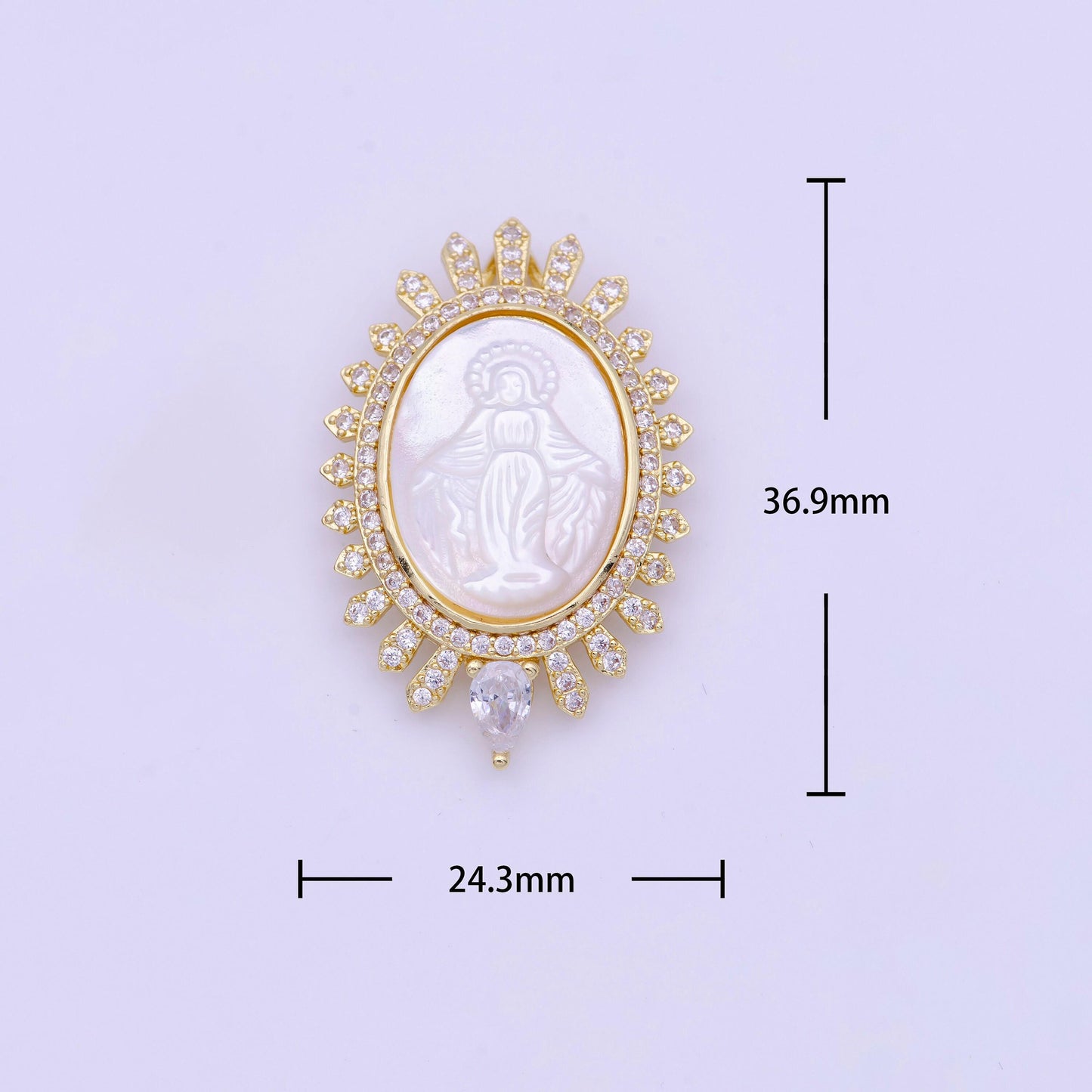 Big miraculous lady in pearl 24k gold filled oval frame clear cz micro pave religious jewelry making | h-773