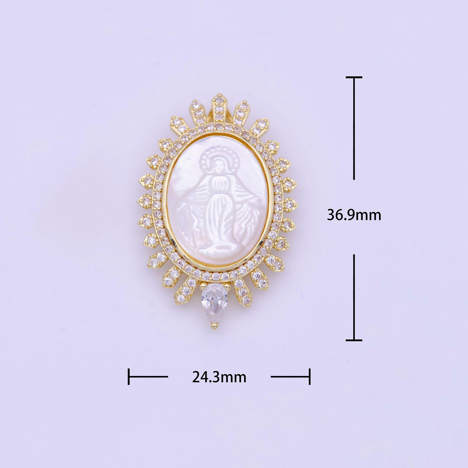 Big miraculous lady in pearl 24k gold filled oval frame clear cz micro pave religious jewelry making | h-773