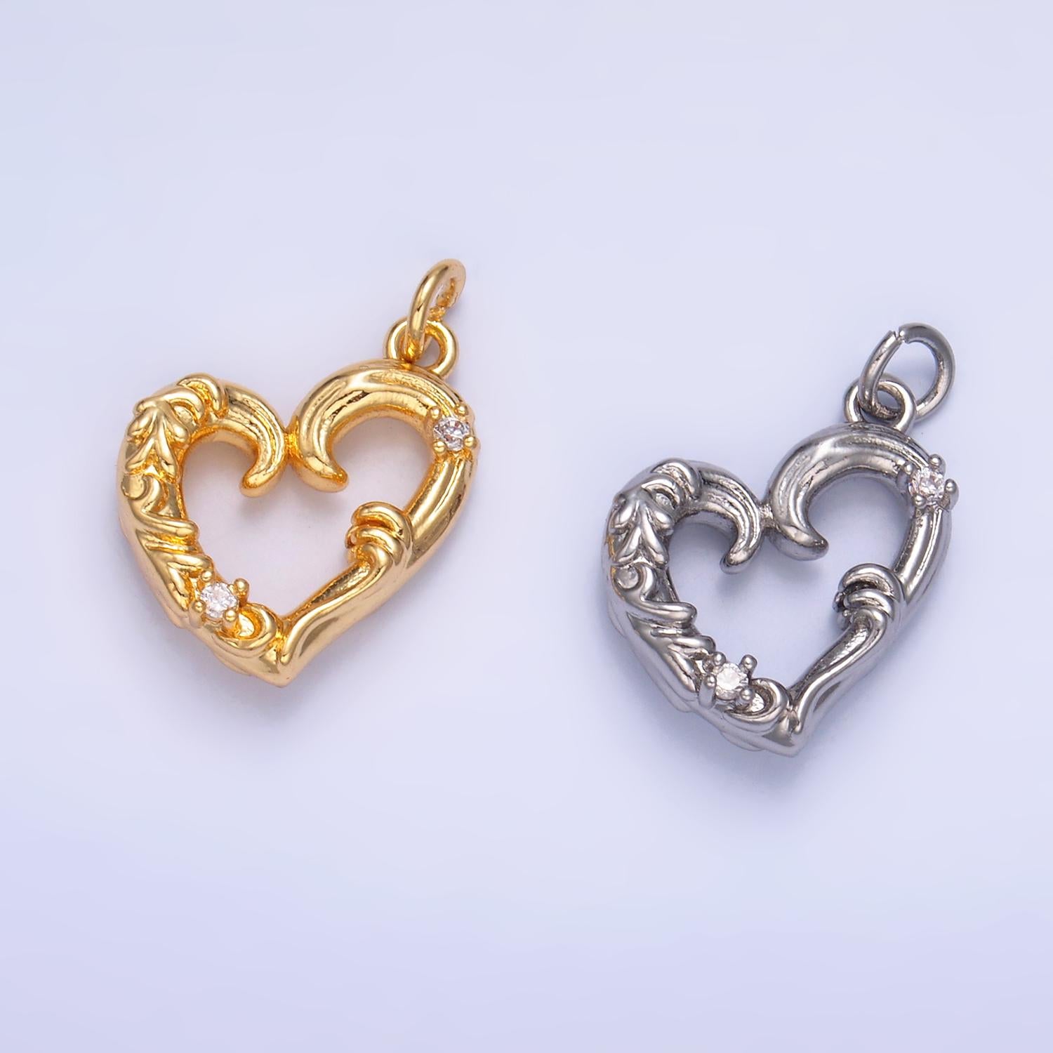 Dainty 24k Gold Filled Open Heart Charms, Silver Vine Heart Charm for Bracelet Necklace Supply Micro Pave Love Jewelry Making W372