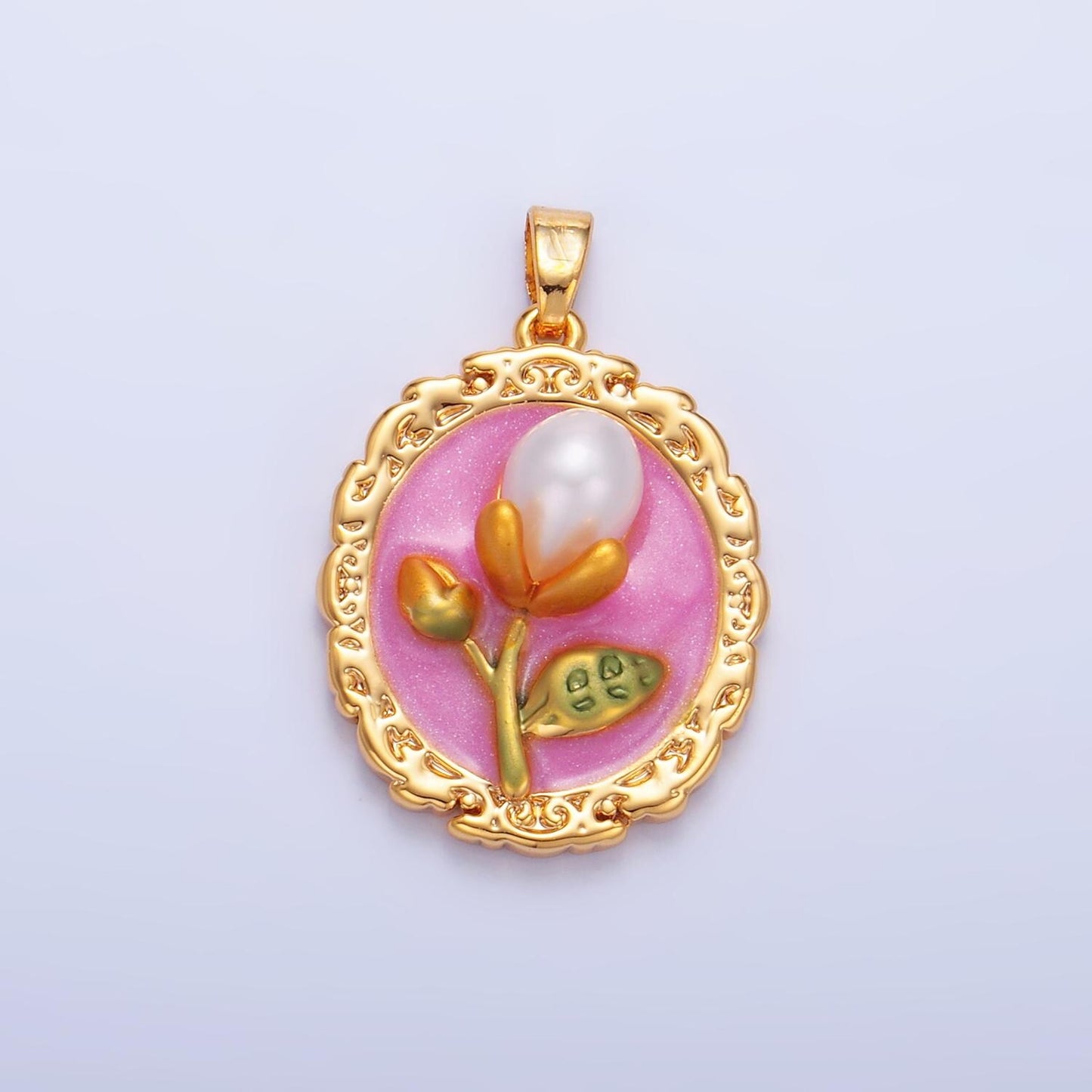 Dainty gold tulip charms white Pearl enamel flower charm abstract oval charm medallion for necklace bracelet AA1075