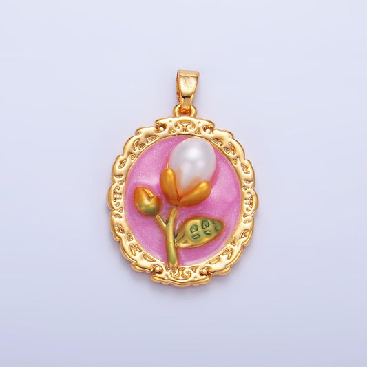 Dainty gold tulip charms white Pearl enamel flower charm abstract oval charm medallion for necklace bracelet AA1075