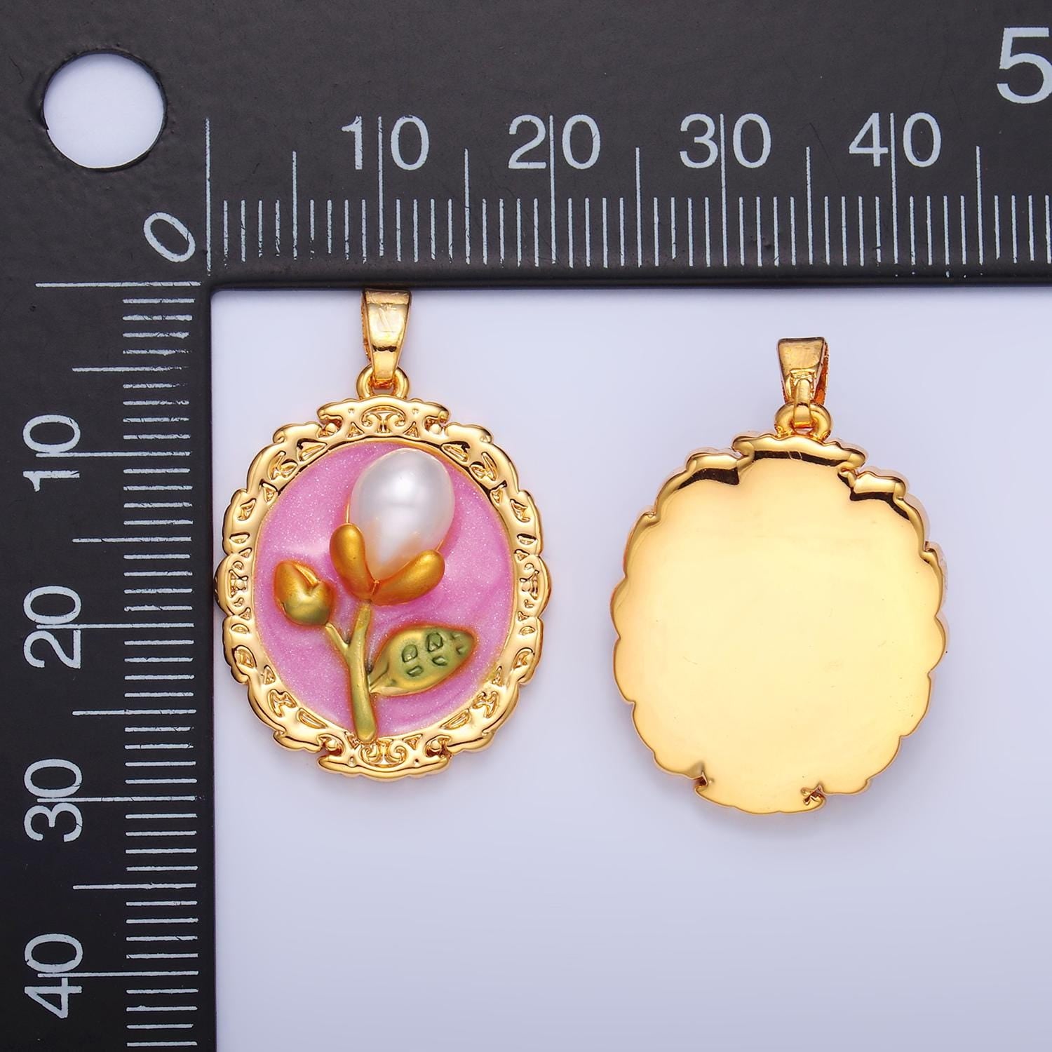 Dainty gold tulip charms white Pearl enamel flower charm abstract oval charm medallion for necklace bracelet AA1075