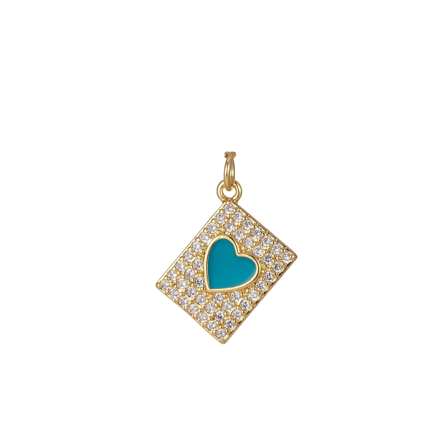 Micro pave heart pendant dainty tile charm enamel heart tag charm jewelry making supply 14k gold filled findings