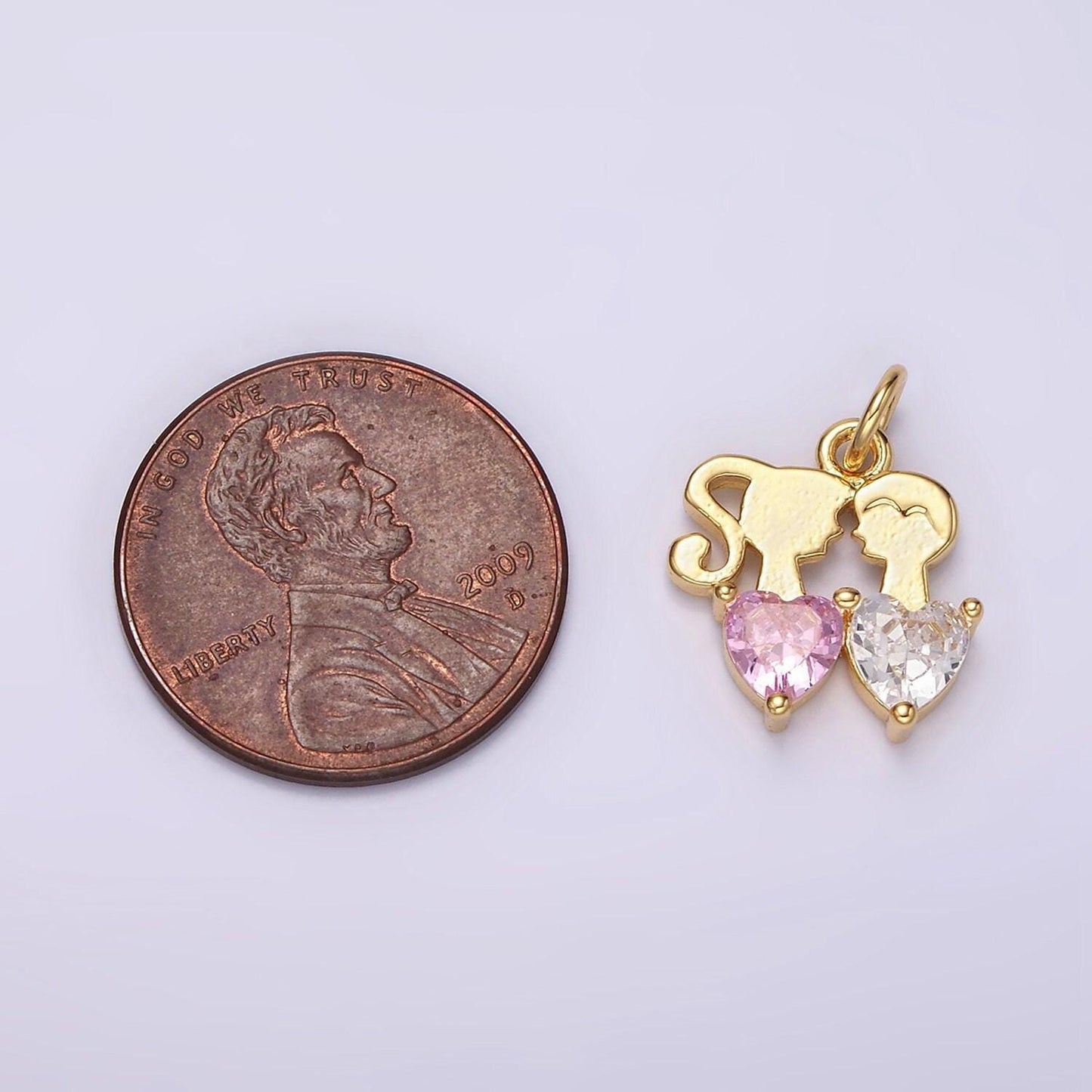 14k gold filled double heart pink clear cz couple add-on charm | ac907