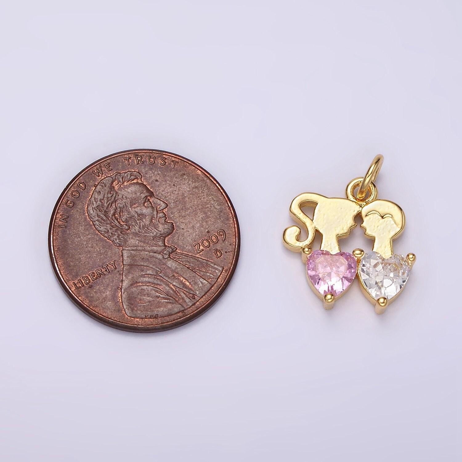 14k gold filled double heart pink clear cz couple add-on charm | ac907
