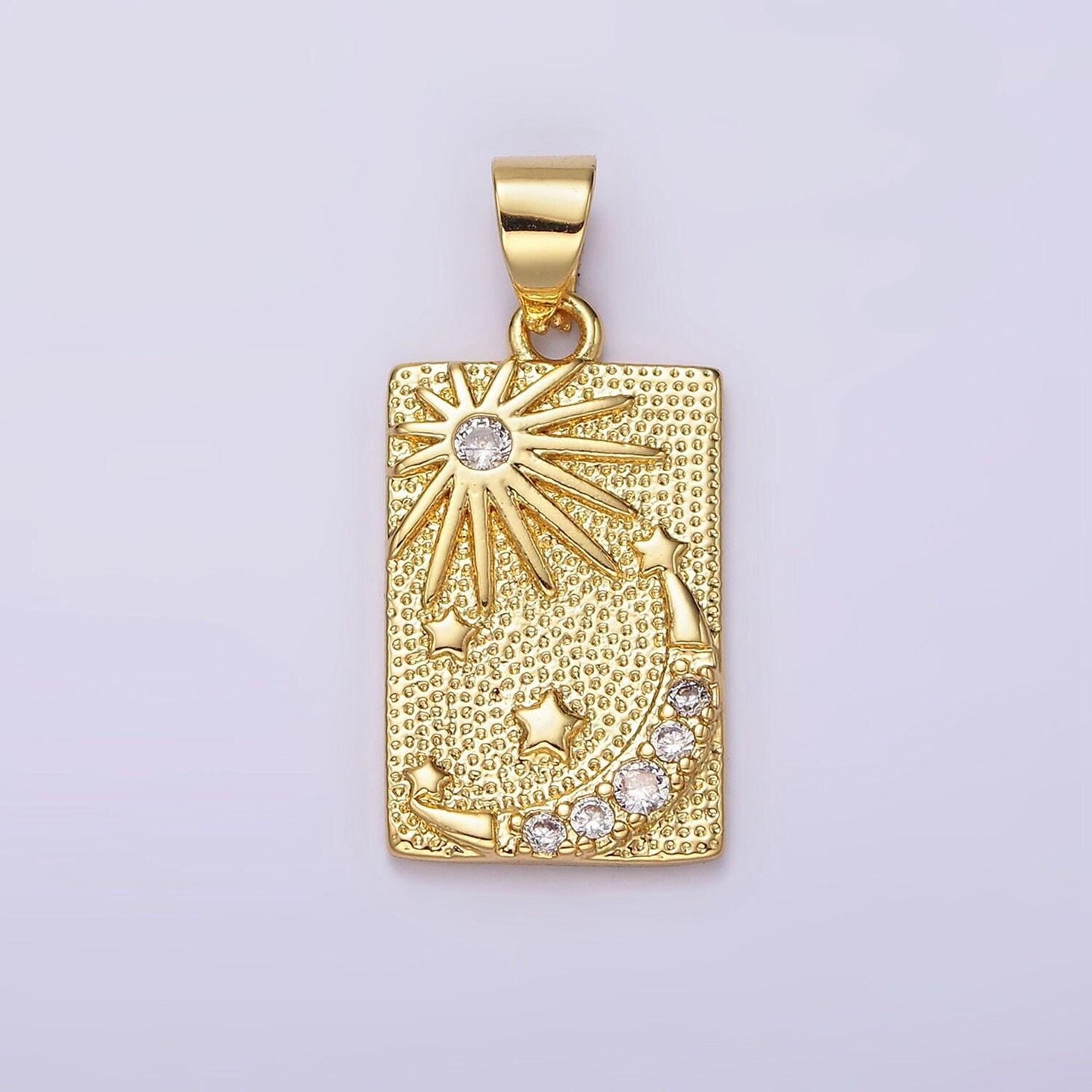 14k gold filled celestial sun stars crescent moon cz micro paved dotted rectangular tag pendant | n1921