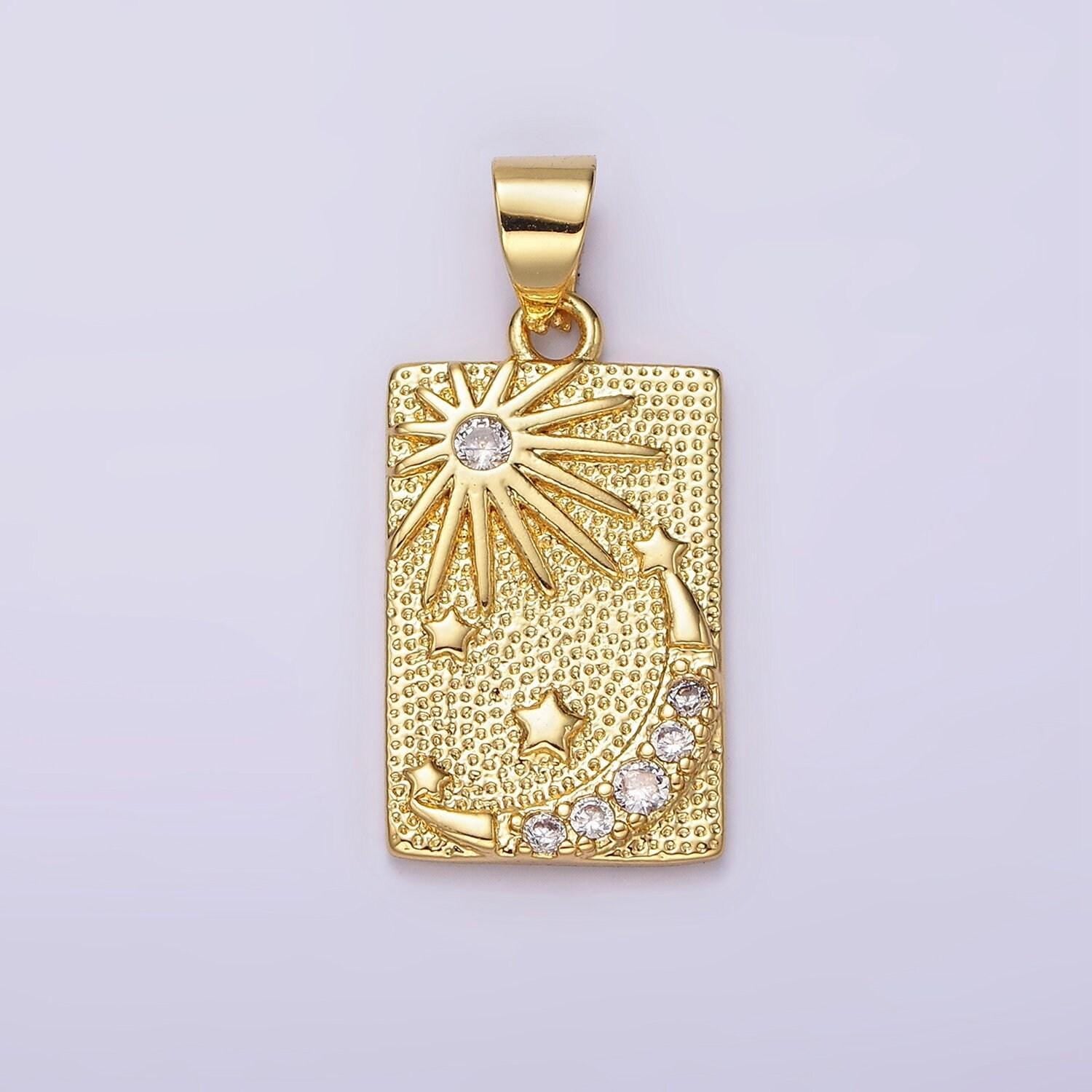 14k gold filled celestial sun stars crescent moon cz micro paved dotted rectangular tag pendant | n1921