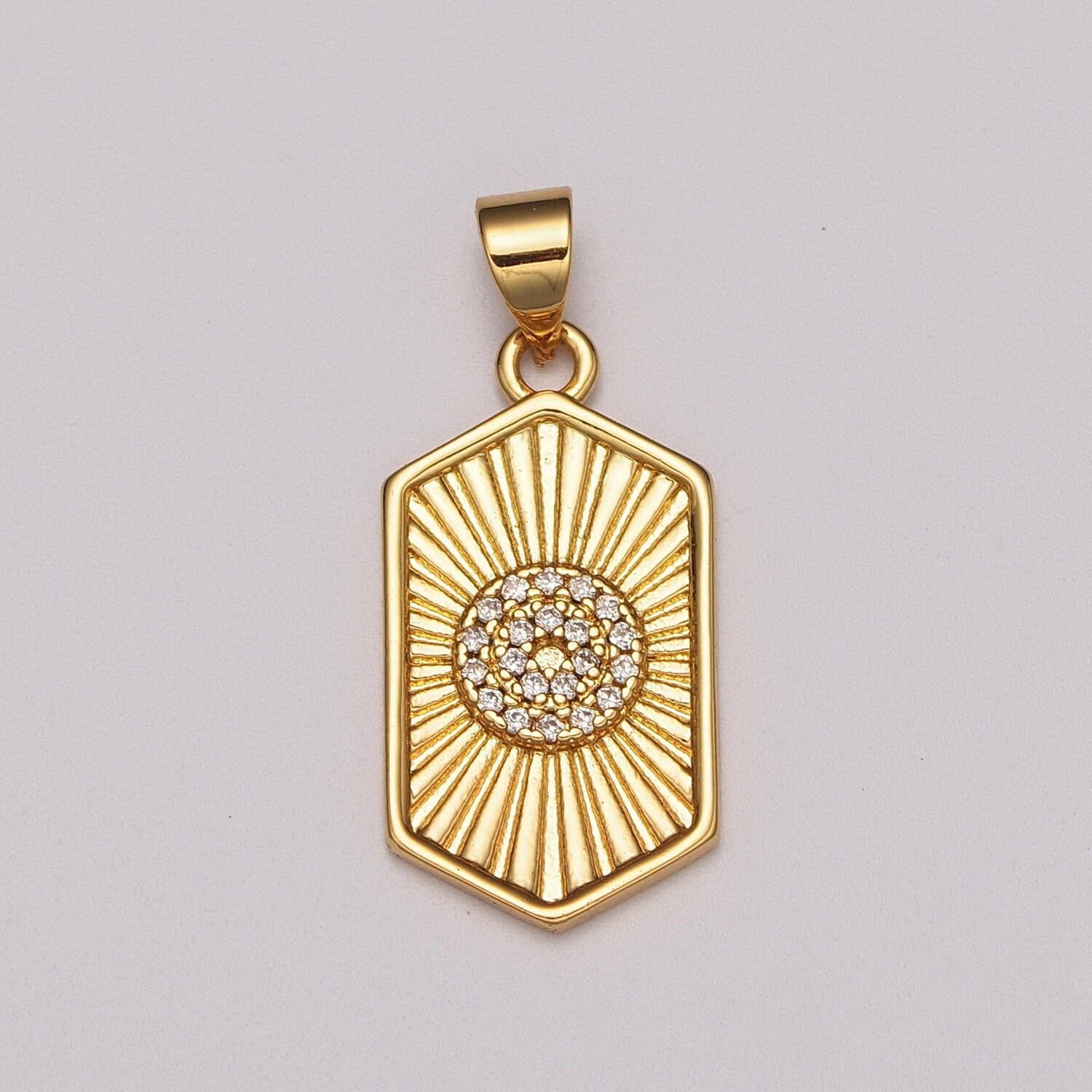 Dainty 14k gold filled hexagon medallion pendant gold sunburst charm necklace boho chic gold geometric necklace celestial jewelry