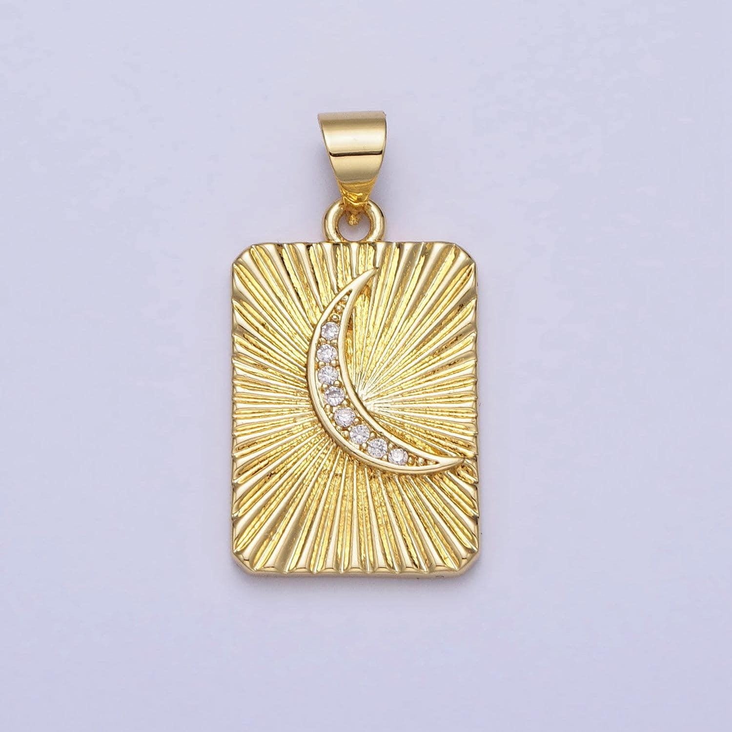 Micro pave gold crescent moon tag plate pendant celestial tile charms with cz stones for jewelry making supplies aa160