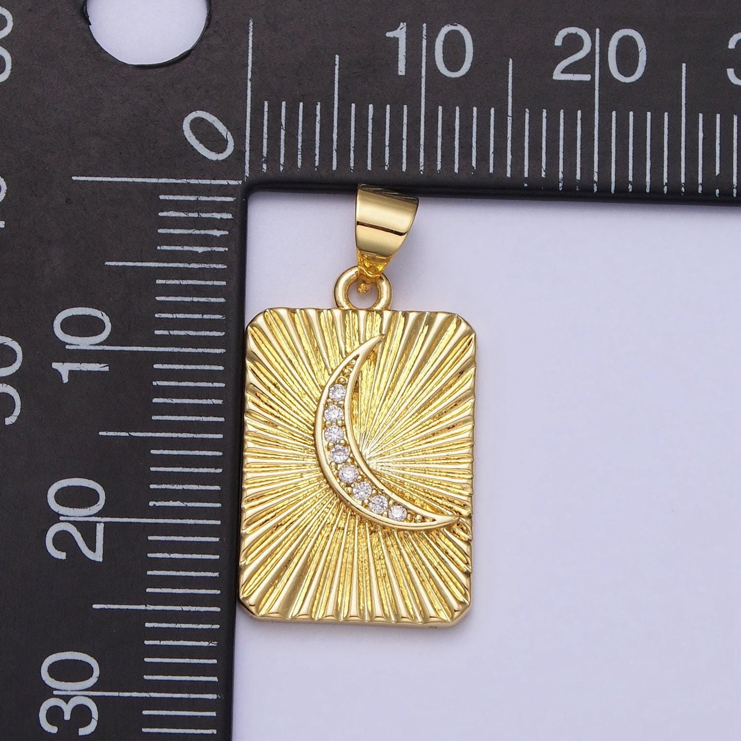 Micro pave gold crescent moon tag plate pendant celestial tile charms with cz stones for jewelry making supplies aa160