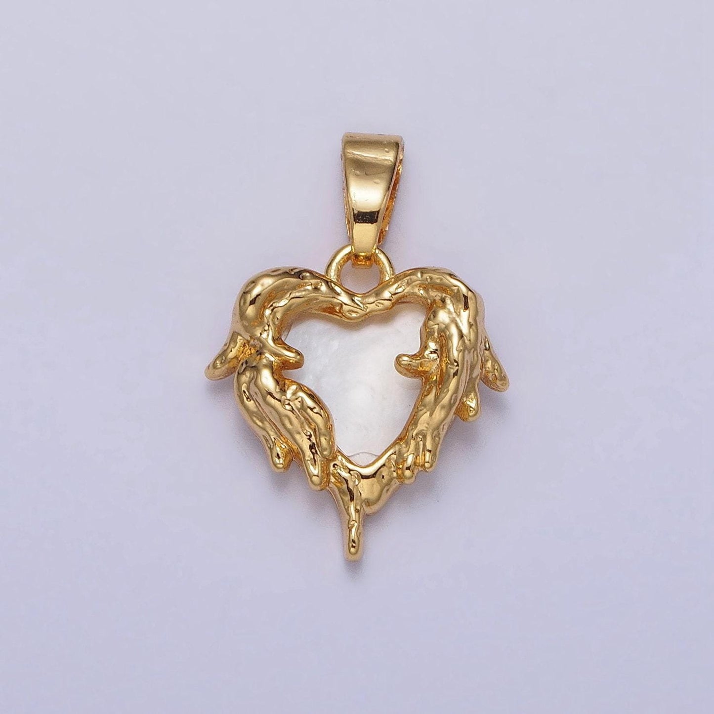 Dainty 24k gold filled shell pearl gold molten drip heart pendant | aa109