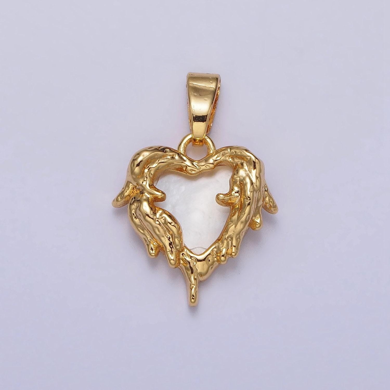 Dainty 24k gold filled shell pearl gold molten drip heart pendant | aa109
