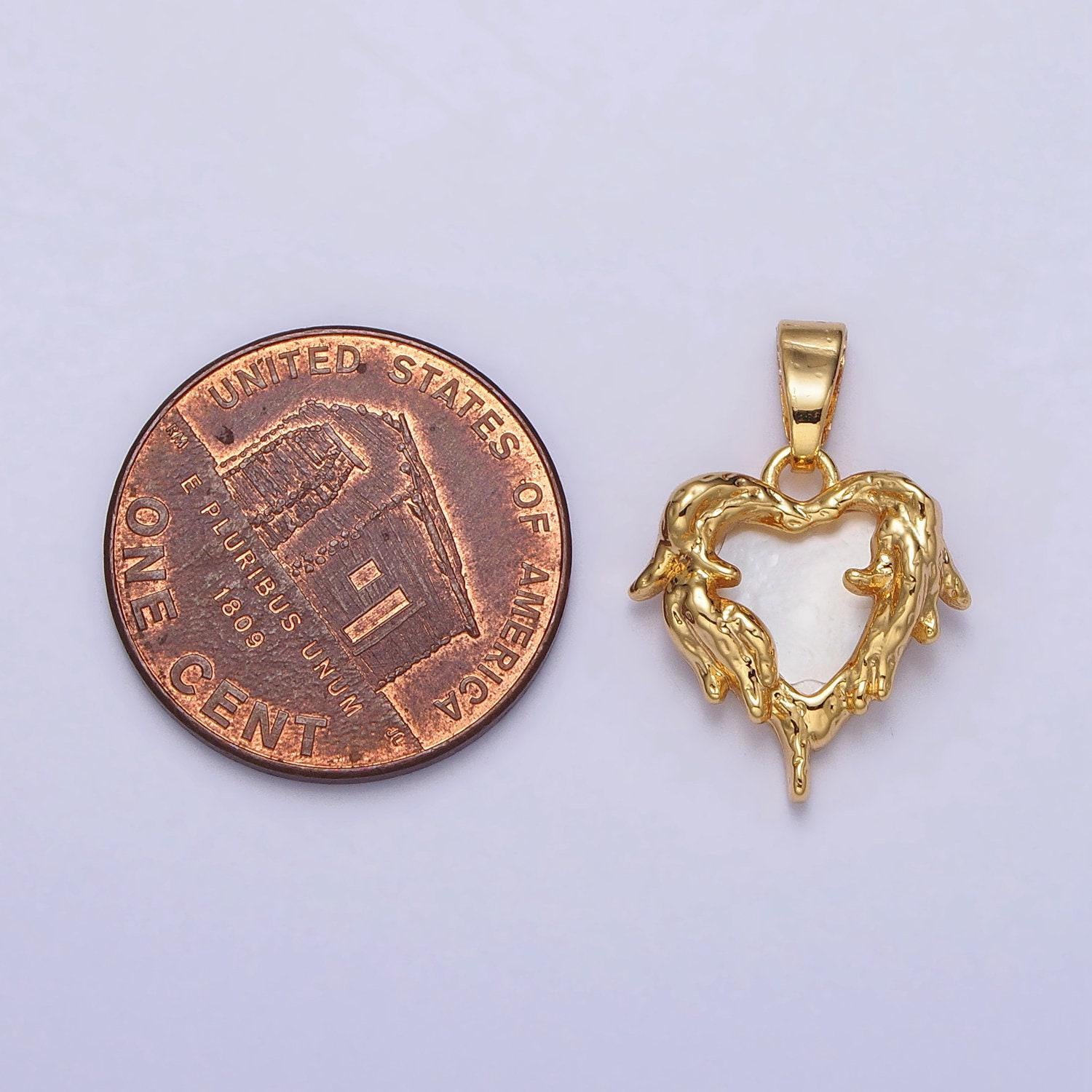 Dainty 24k gold filled shell pearl gold molten drip heart pendant | aa109