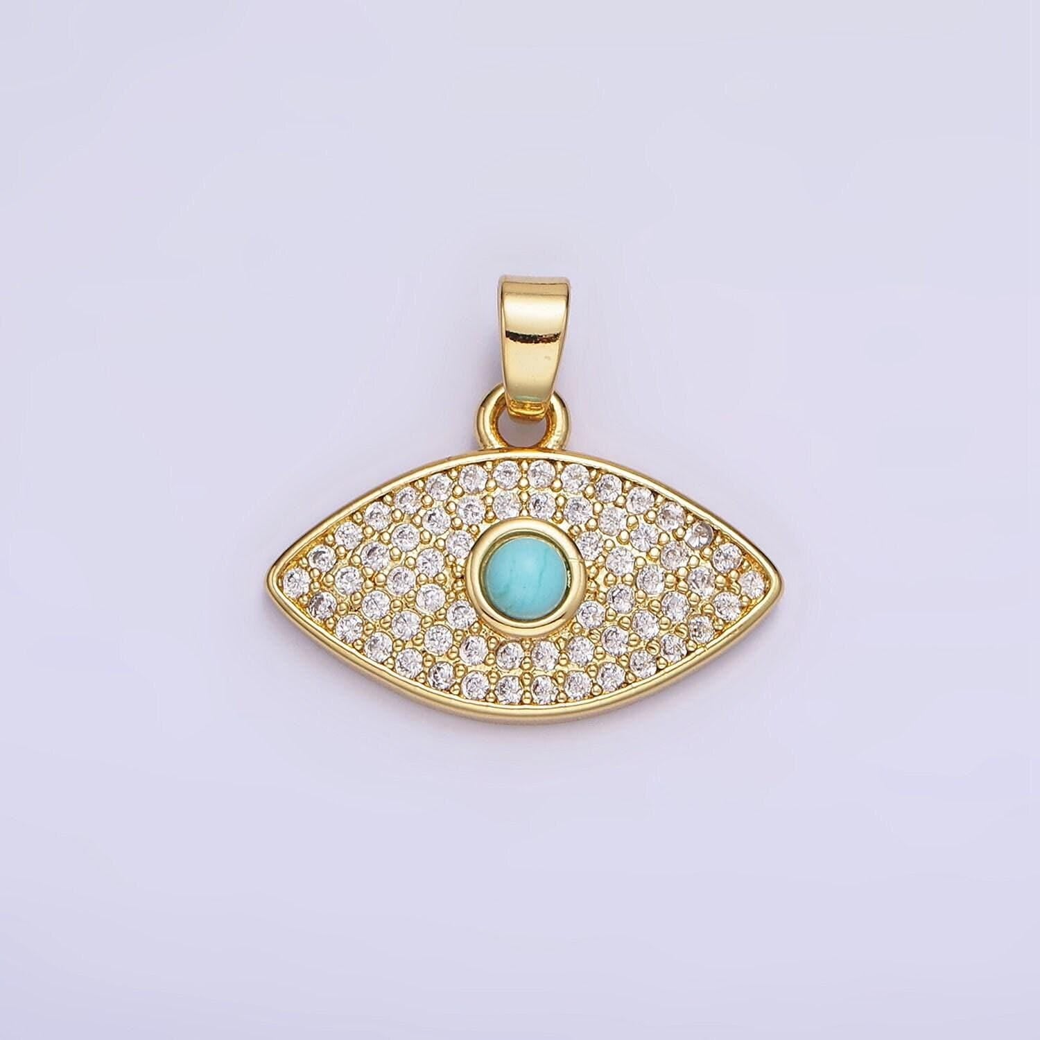 14k gold filled 16mm turquoise micro paved cz evil eye pendant | ah-162