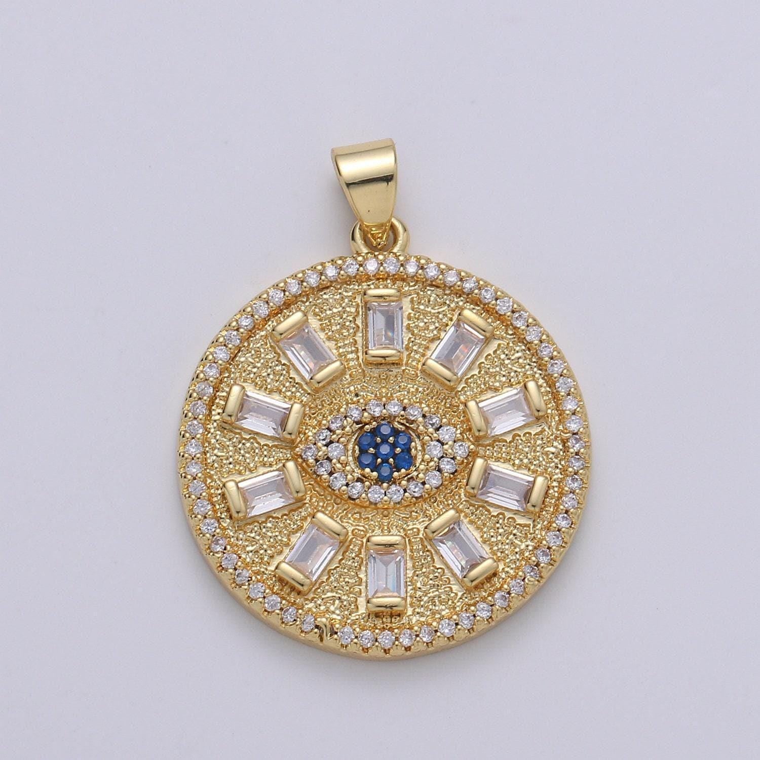 Baguette & blue evil eye cluster cz round pendant, cubic zirconia disc pendant, solar charm, round charm necklace charm pdgf-1921