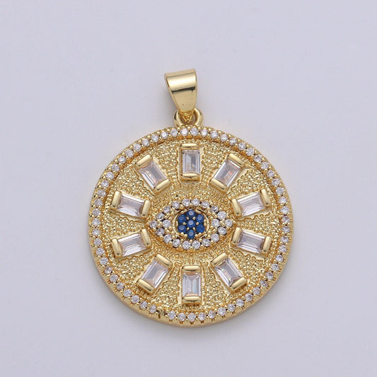 Baguette & blue evil eye cluster cz round pendant, cubic zirconia disc pendant, solar charm, round charm necklace charm pdgf-1921