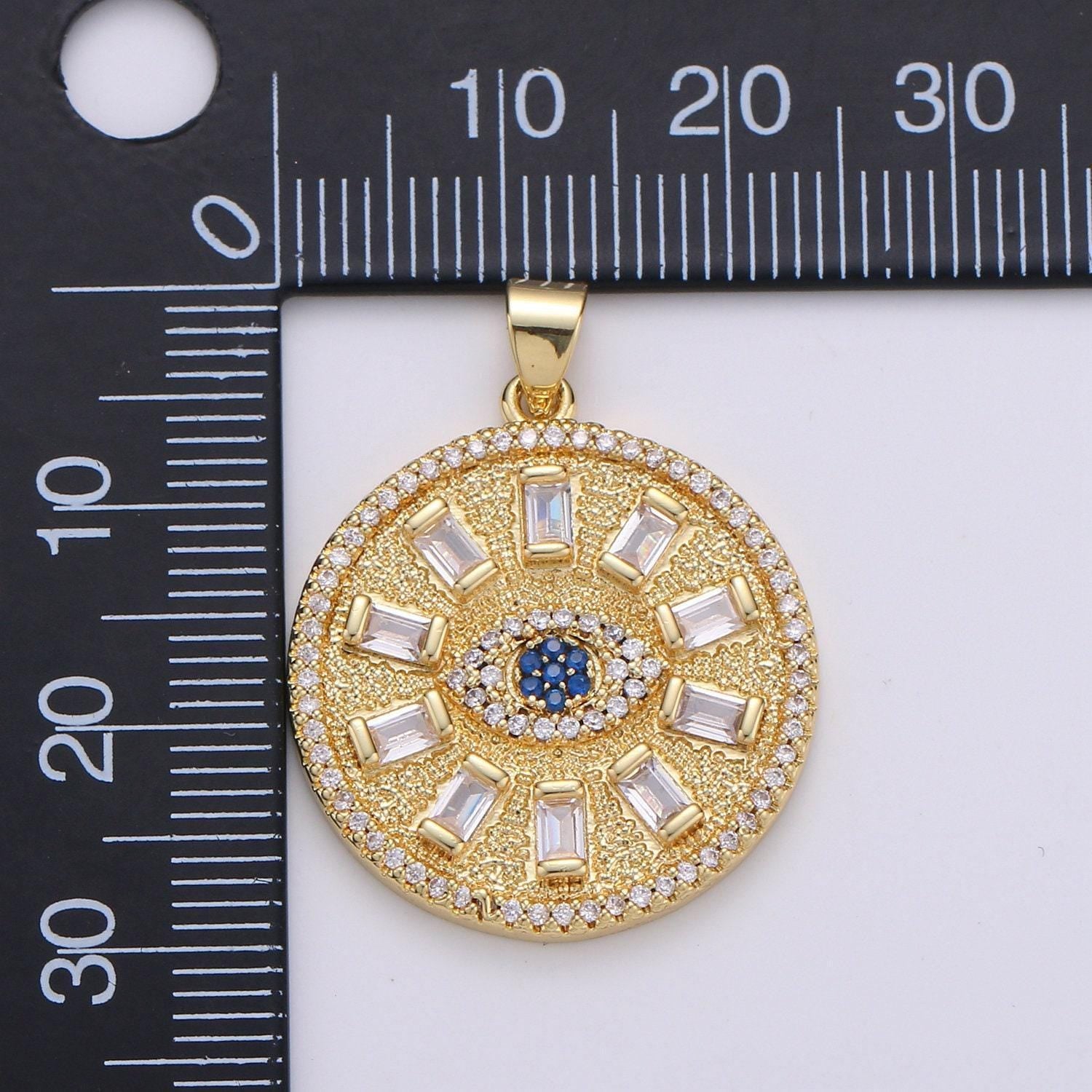Baguette & blue evil eye cluster cz round pendant, cubic zirconia disc pendant, solar charm, round charm necklace charm pdgf-1921