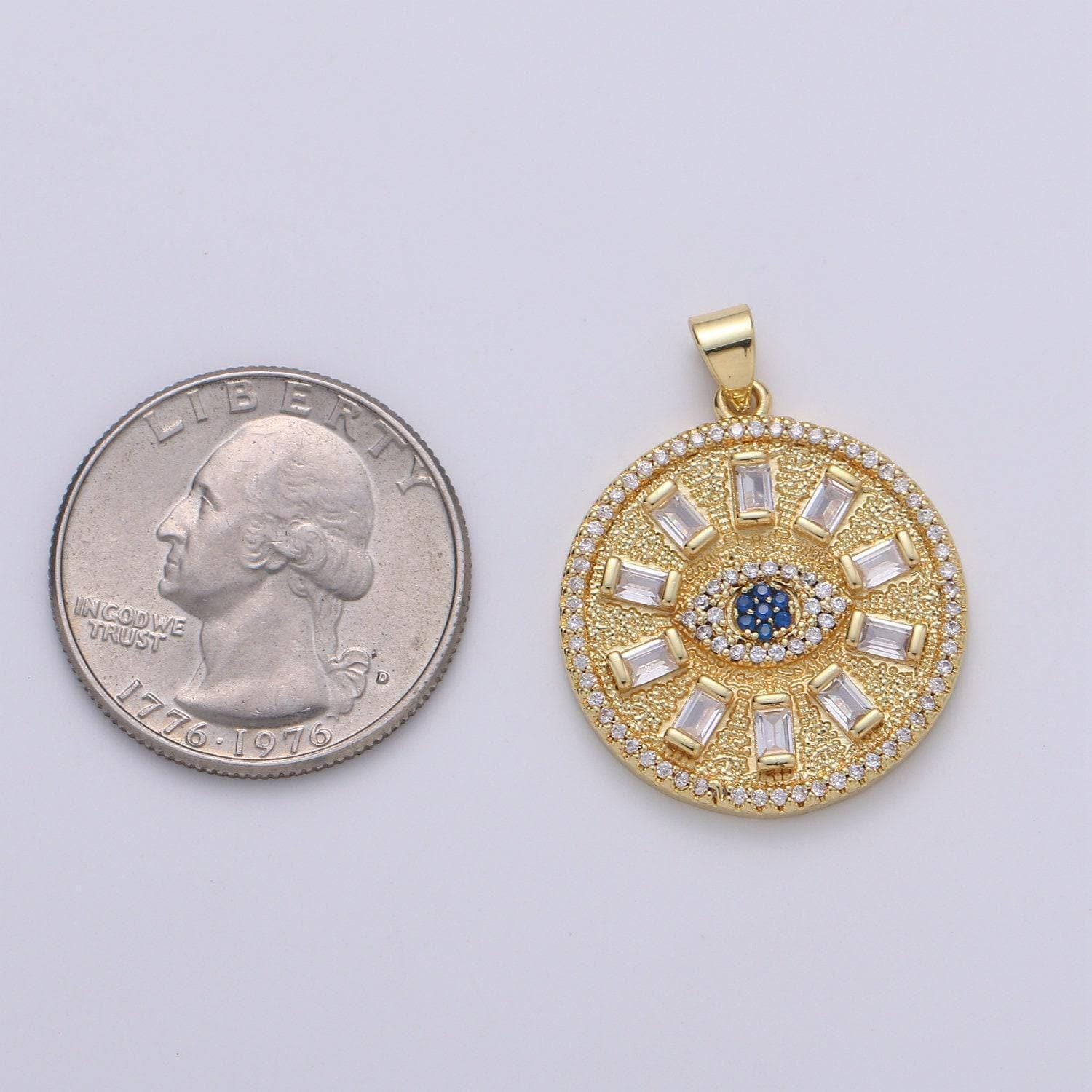 Baguette & blue evil eye cluster cz round pendant, cubic zirconia disc pendant, solar charm, round charm necklace charm pdgf-1921