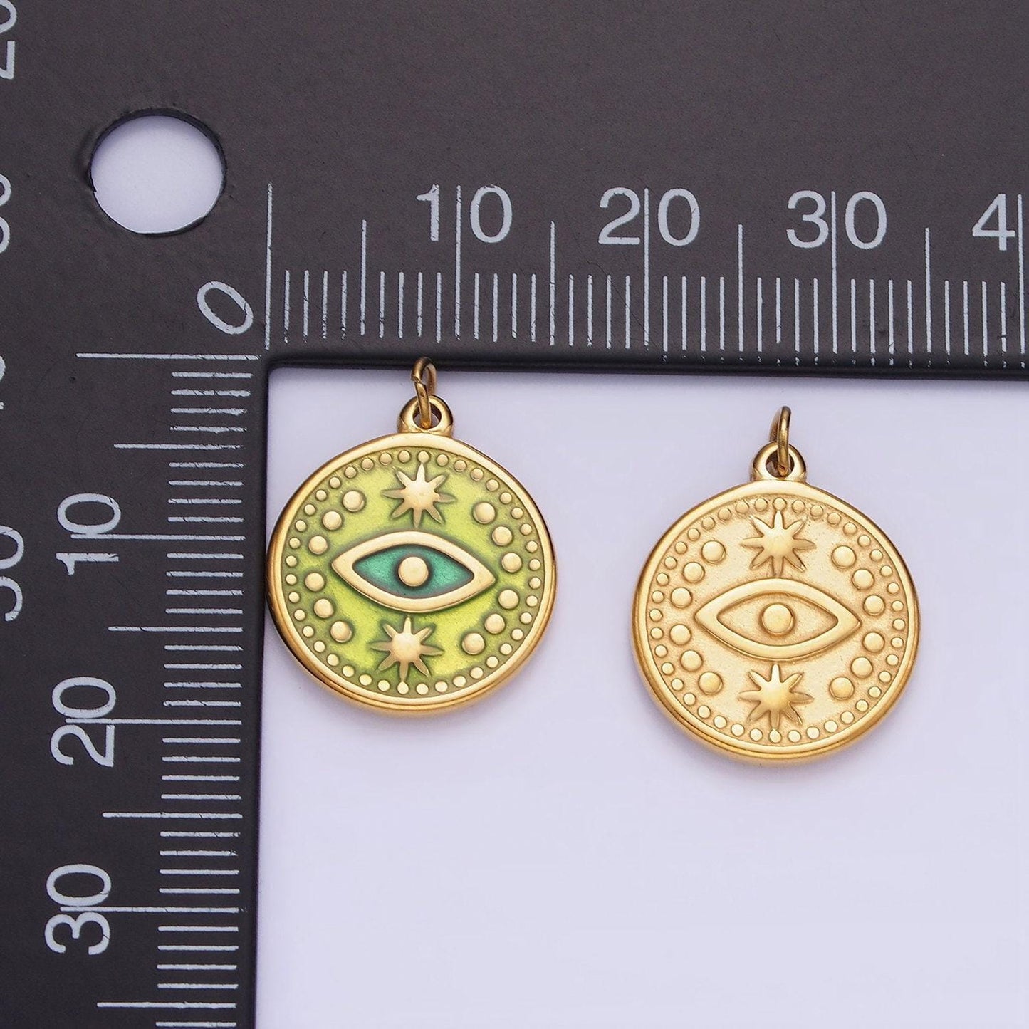 Green evil eye round circle charm medallion coin round religious protection, good fortune, health, eye of ra charm for necklace p1384