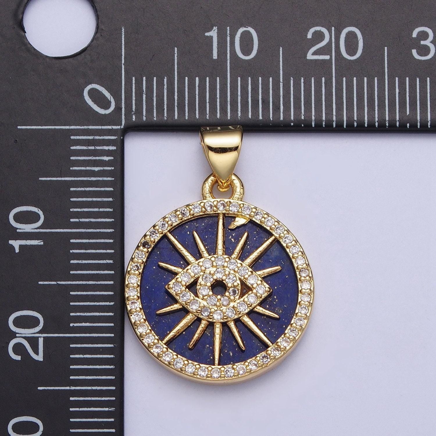 Blue lapiz sunray evil eye coin medallion pendant, 24k gold filled round micro pave cz protection charm for jewelry making | x-425