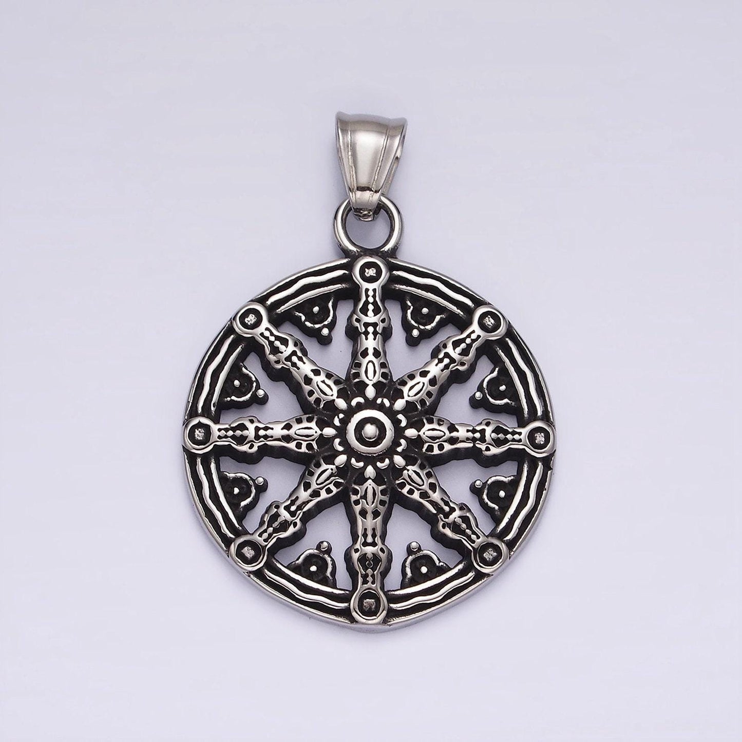Stainless steel dharma wheel necklace, pendant necklace with buddhist pendant | p-869