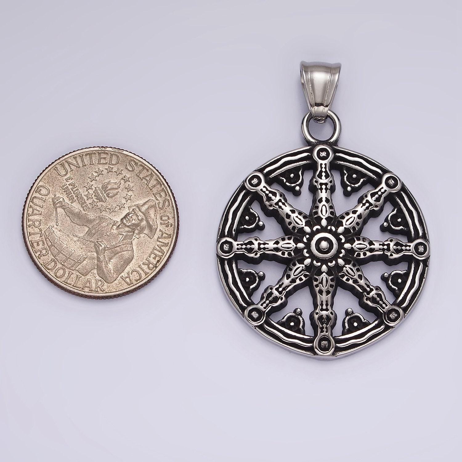Stainless steel dharma wheel necklace, pendant necklace with buddhist pendant | p-869