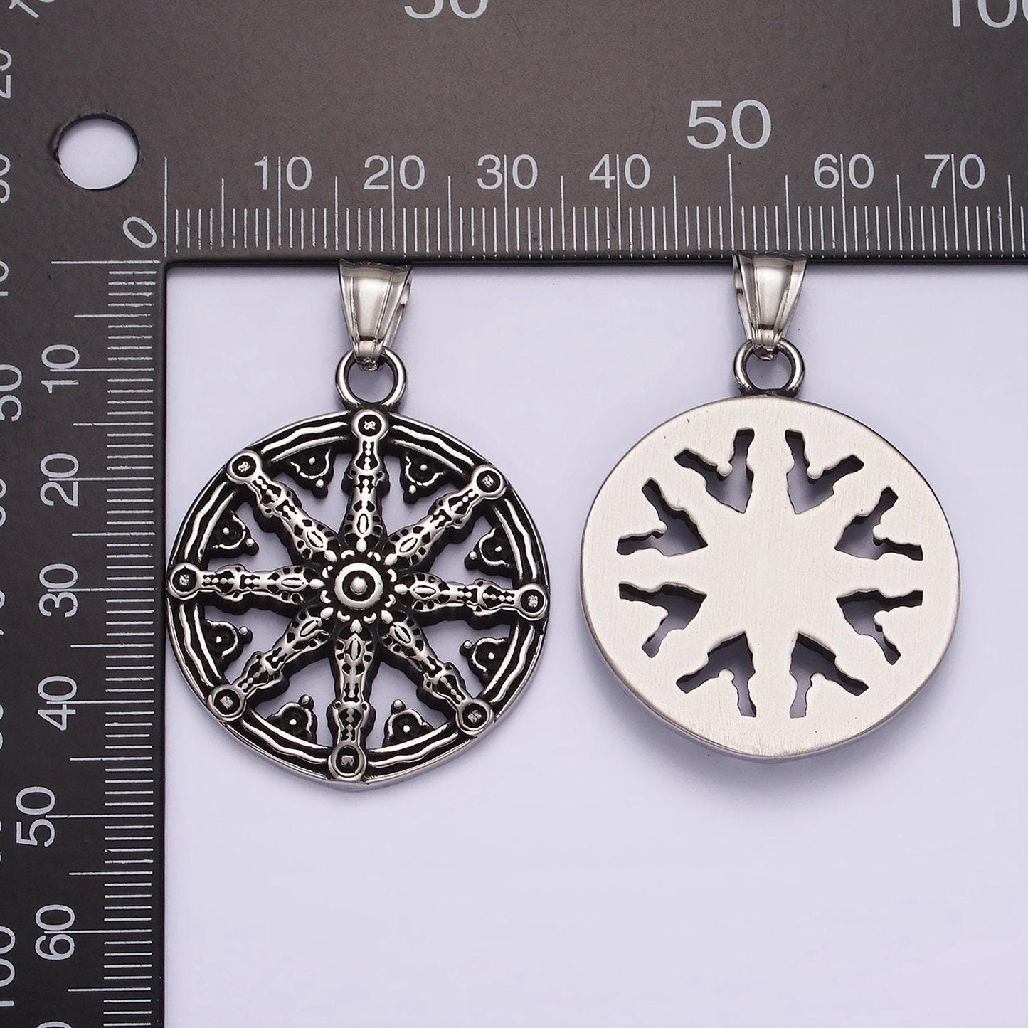 Stainless steel dharma wheel necklace, pendant necklace with buddhist pendant | p-869