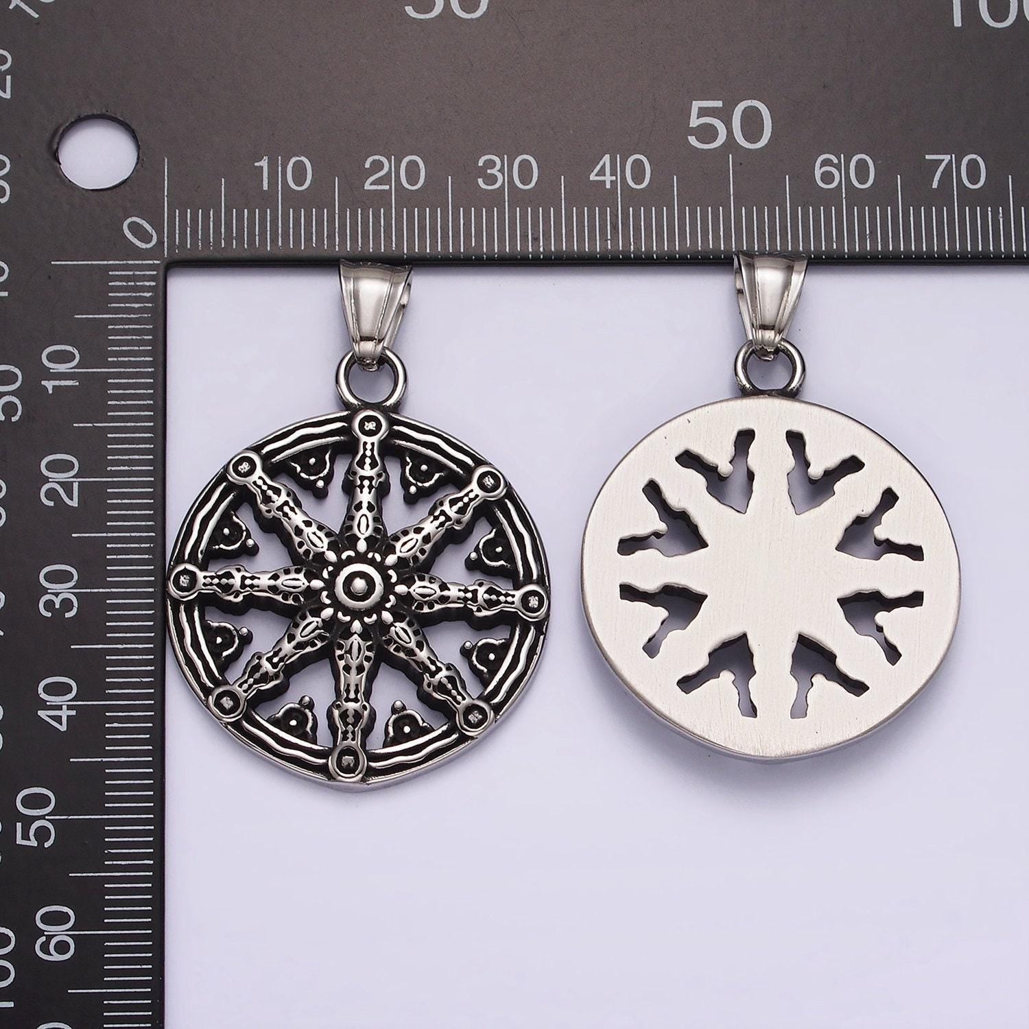 Stainless steel dharma wheel necklace, pendant necklace with buddhist pendant | p-869