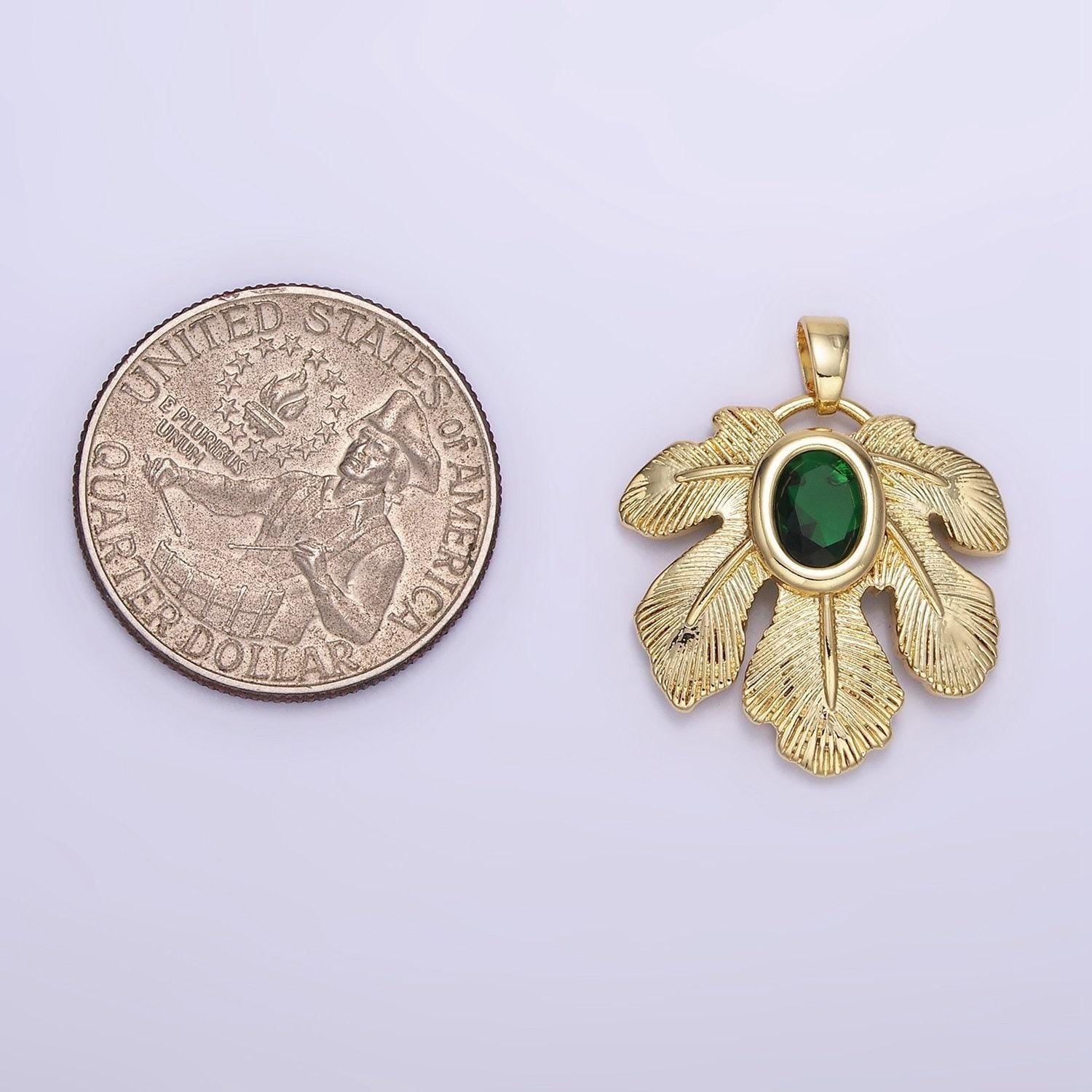 14k gold filled green cz line-textured palm leaf nature pendant | ah-149