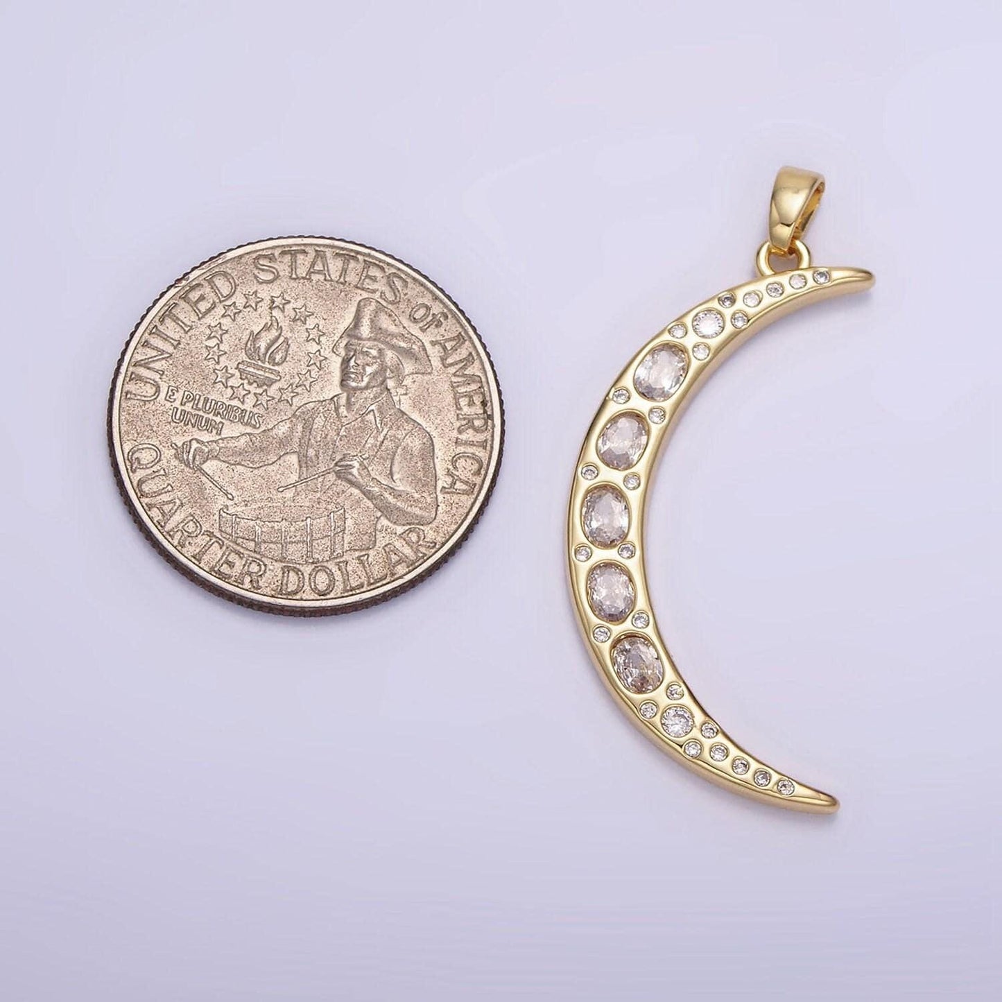 14k gold filled 40mm clear cz oval dotted celestial crescent moon pendant | ah-147