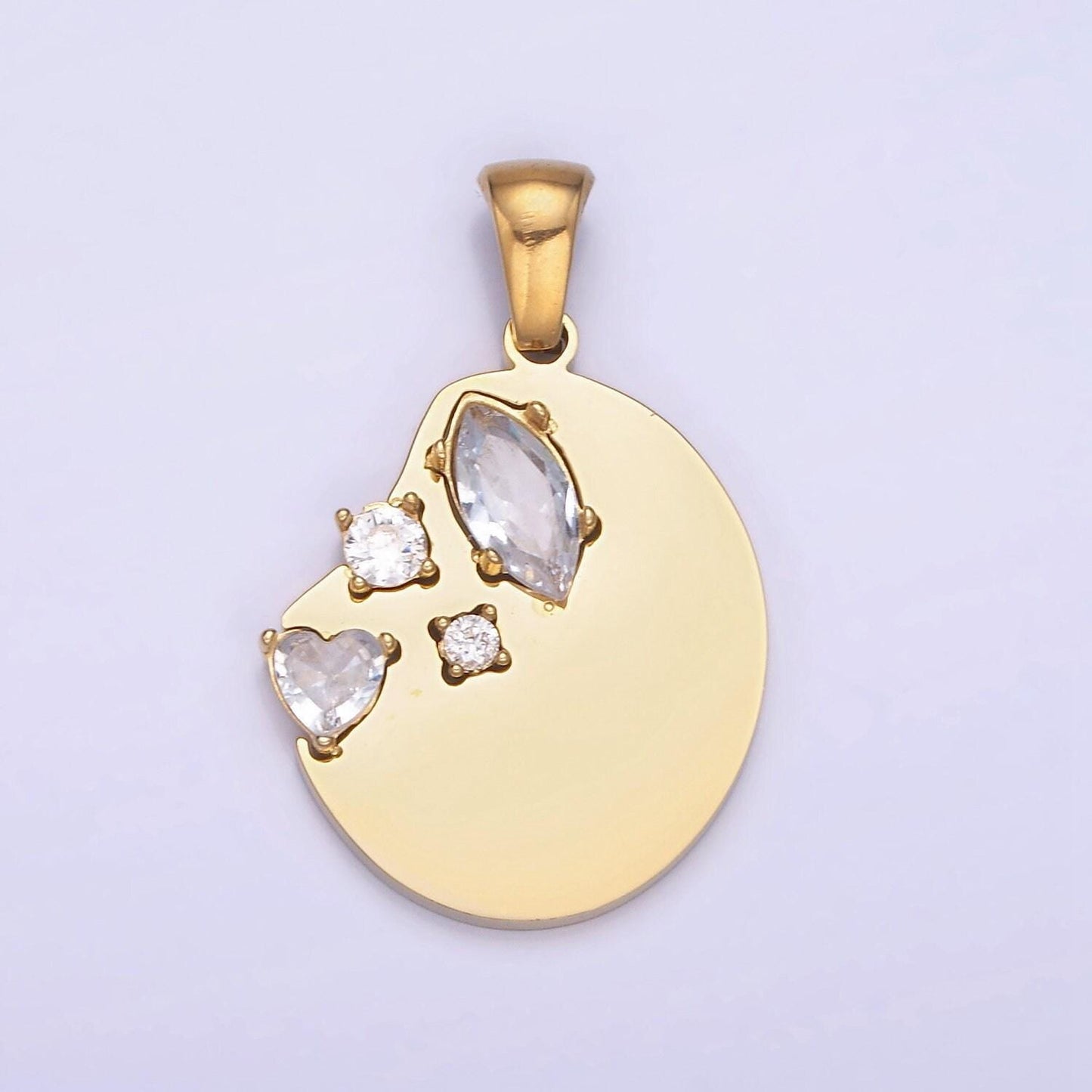 Dainty gold stainless steel abstract coin charm with clear crystal cz stone | p-1395