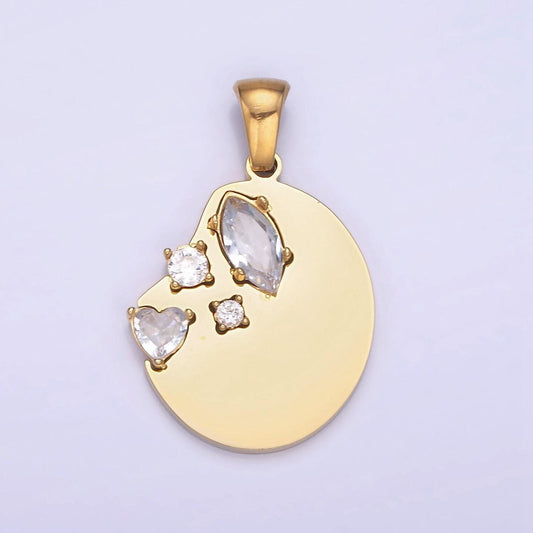 Dainty gold stainless steel abstract coin charm with clear crystal cz stone | p-1395