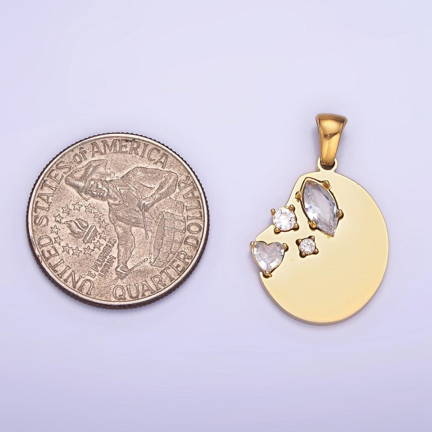 Dainty gold stainless steel abstract coin charm with clear crystal cz stone | p-1395