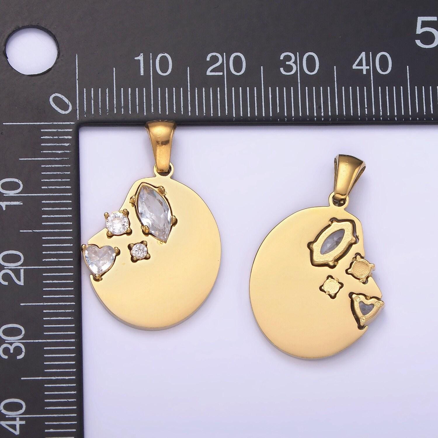 Dainty gold stainless steel abstract coin charm with clear crystal cz stone | p-1395
