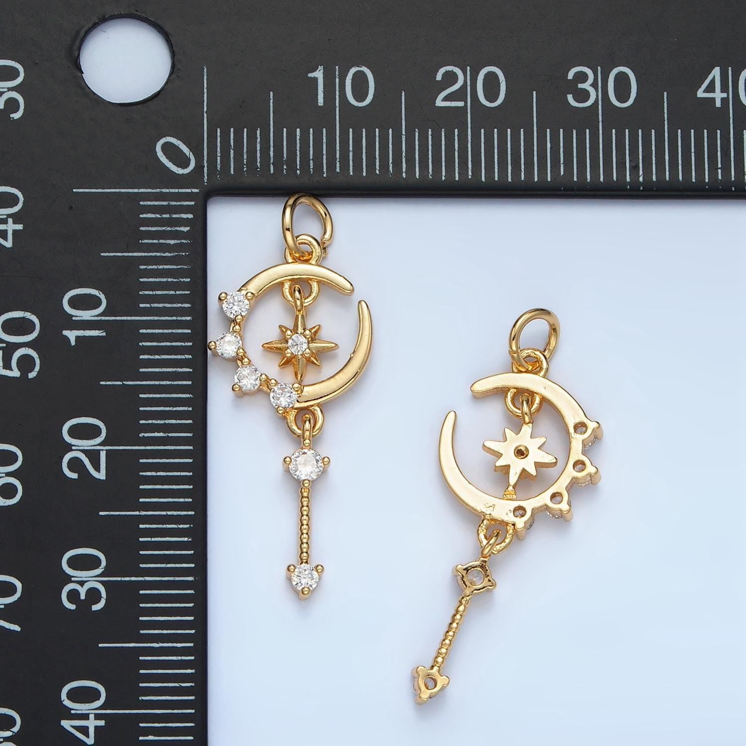 Magical crescent moon & star cz drop gold filled celestial charm | m-044