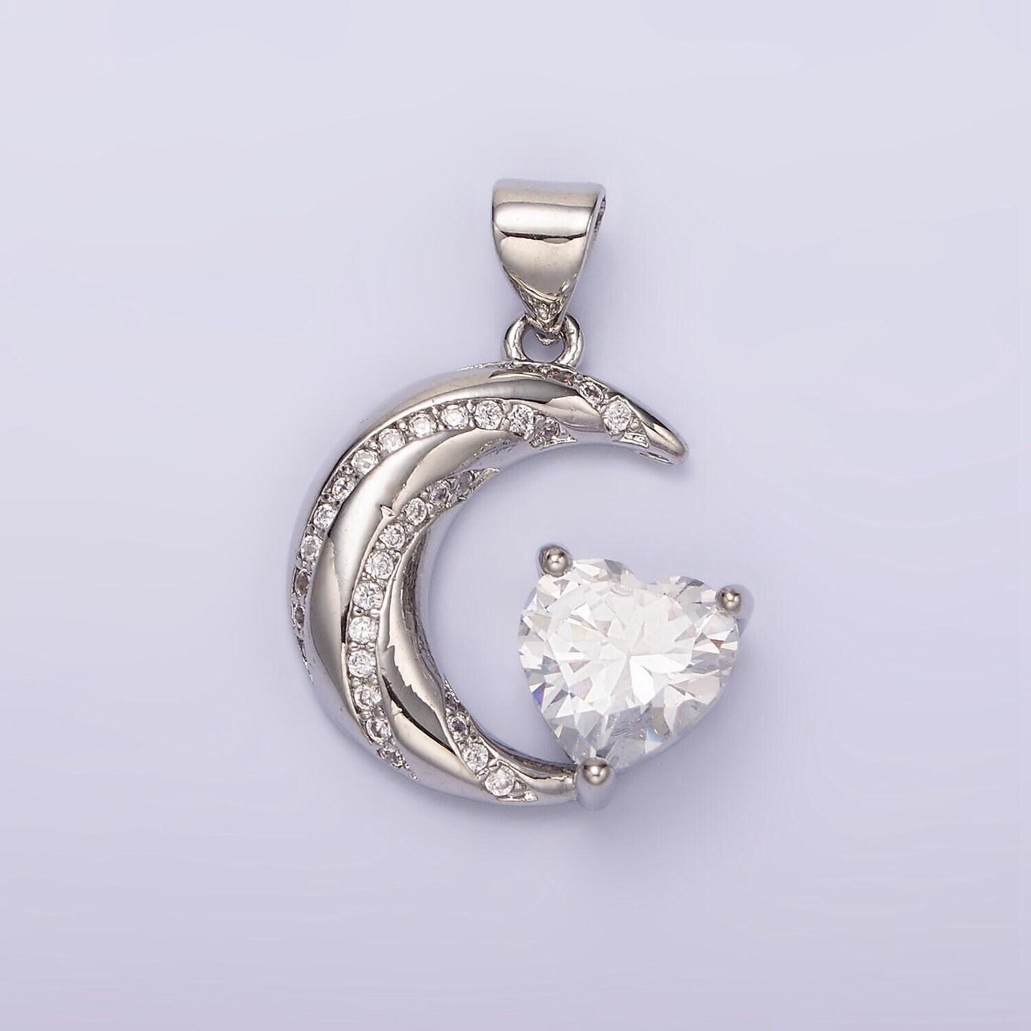 14k gold filled celestial crescent moon cz lined clear heart pendant in gold & silver | n1301 n1302