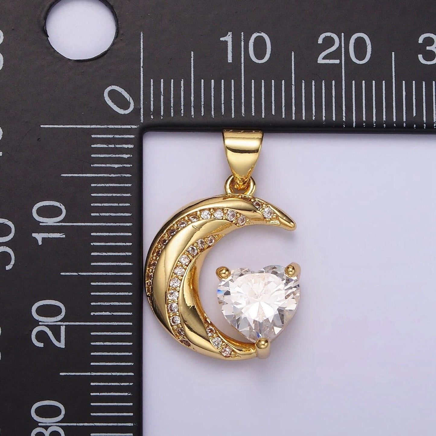 14k gold filled celestial crescent moon cz lined clear heart pendant in gold & silver | n1301 n1302